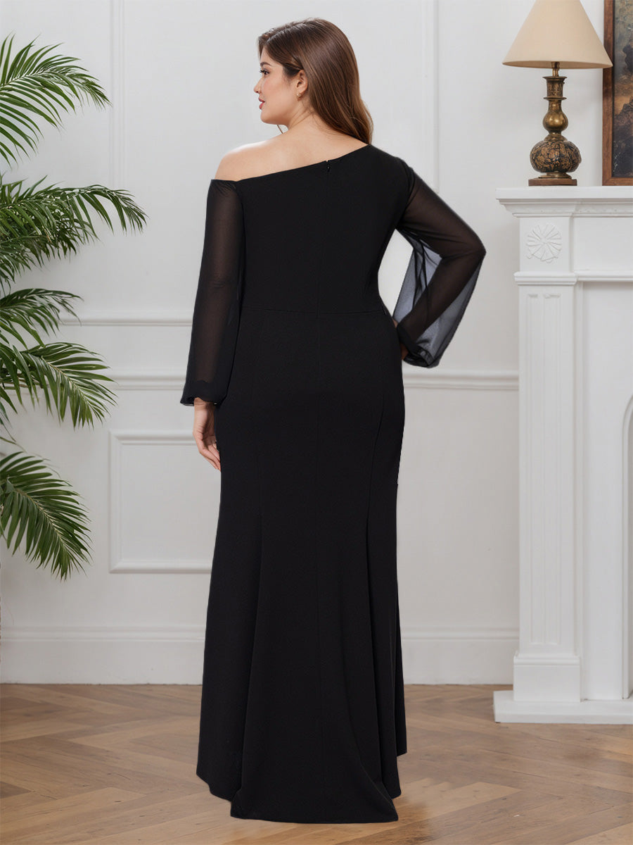 Cicinia Noir Robe pour Mère de la Mariée Longue en Tissu Extensible Sheath Manches Longues Fente Grande Taille