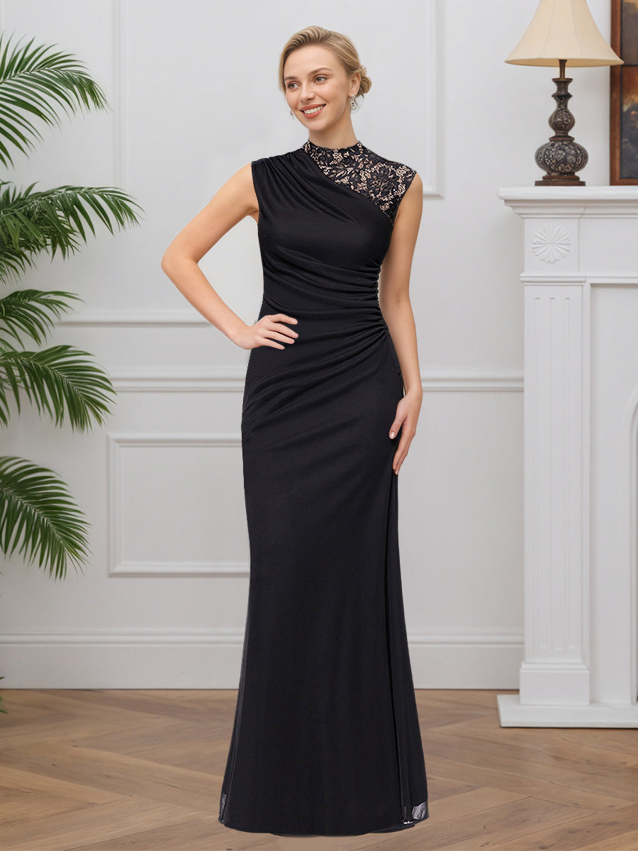Cicinia Noir Robe pour Mère de la Mariée Longue en Tissu Extensible et Dentelle Sheath Style Qipao sans Manches