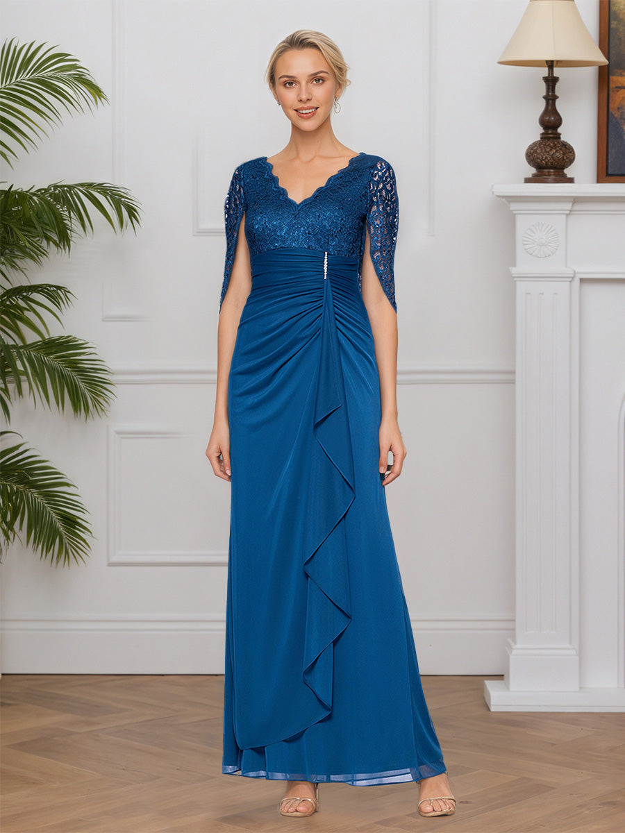 Cicinia Bleu Robe pour Mère de la Mariée Longue en Dentelle et Mousseline Décolleté en V Longueur Sol