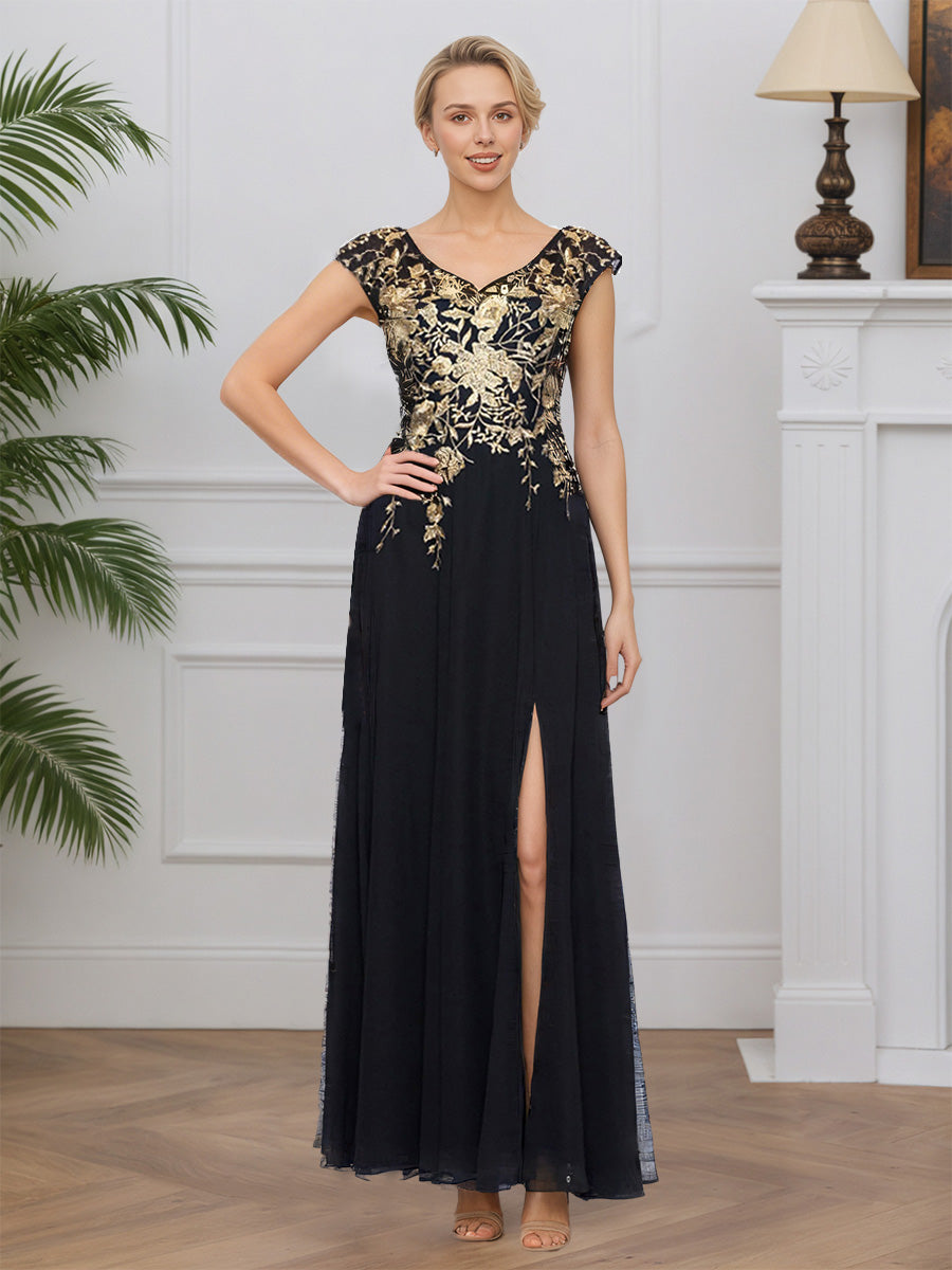 Cicinia Noir Robe pour Mère de la Mariée Longue en Mousseline et Dentelle Décolleté en V A-Line Fente