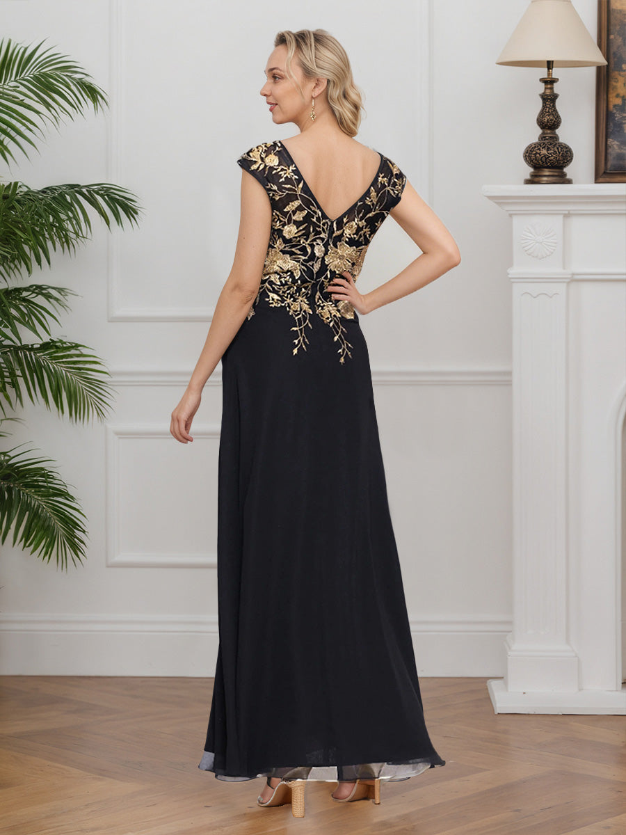 Cicinia Noir Robe pour Mère de la Mariée Longue en Mousseline et Dentelle Décolleté en V A-Line Fente
