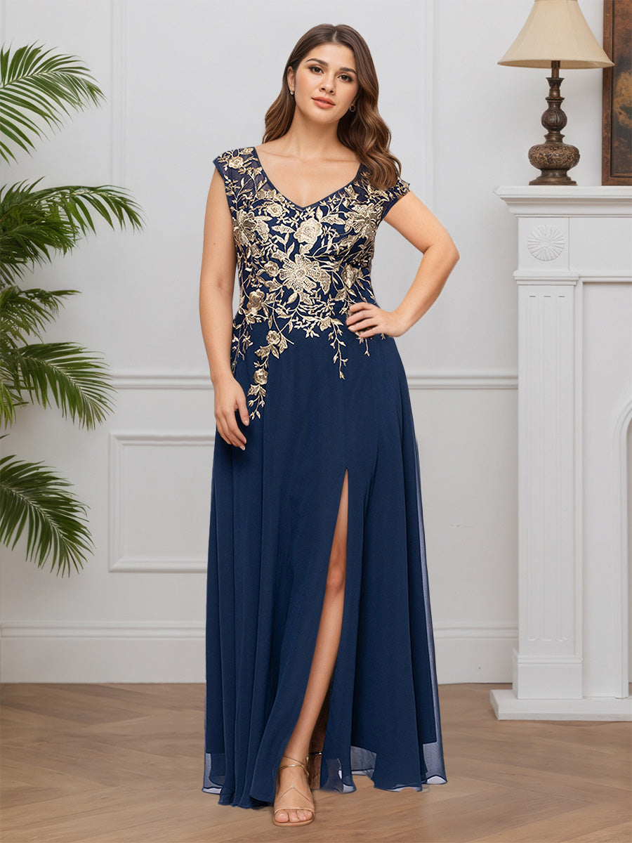 Cicinia Bleu Marine Robe pour Mère de la Mariée Longue en Dentelle et Mousseline Décolleté en V A-Line Fente Grande Taille