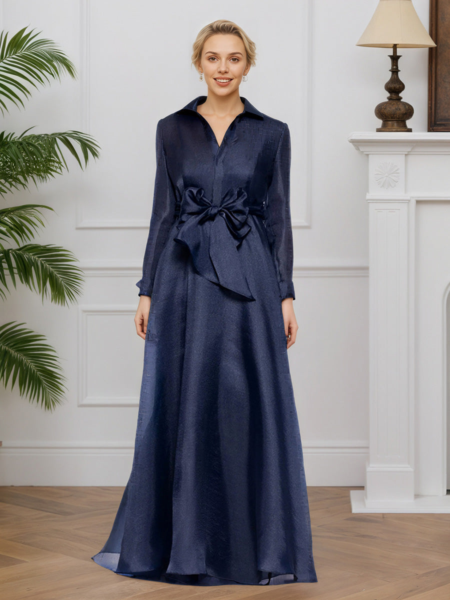 Cicinia Bleu Marine Foncé Robe pour Mère de la Mariée Longue Décolleté en V A-Line Robe de Soirée Manches Longues