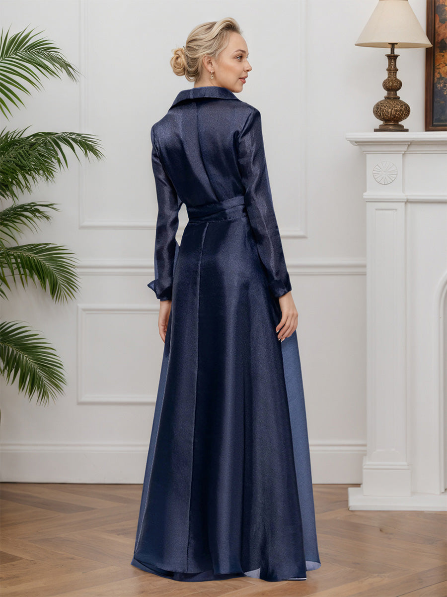 Cicinia Bleu Marine Foncé Robe pour Mère de la Mariée Longue Décolleté en V A-Line Robe de Soirée Manches Longues