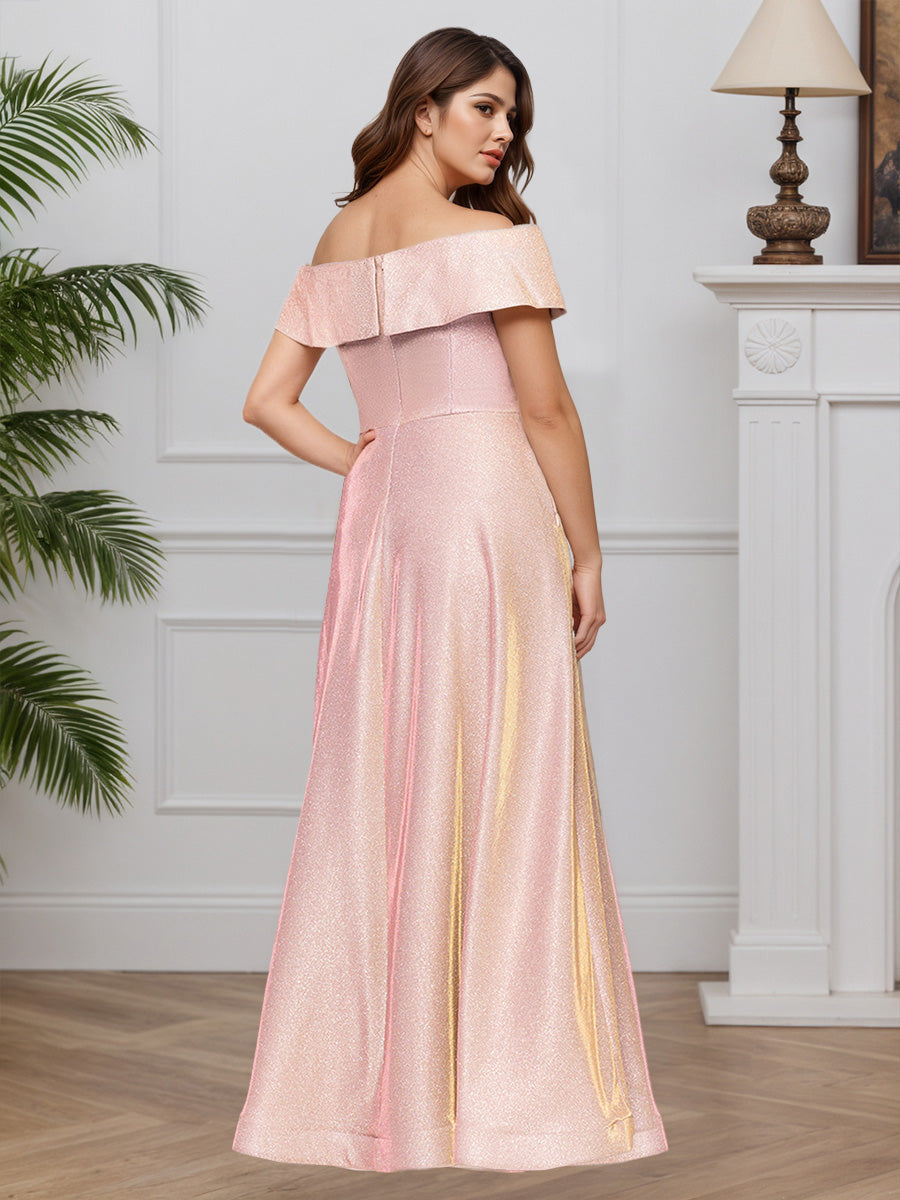 Cicinia Rose Robe pour Mère de la Mariée Longue en Tissu Scintillant Décolleté Une Épaule A-Line Fente Grande Taille