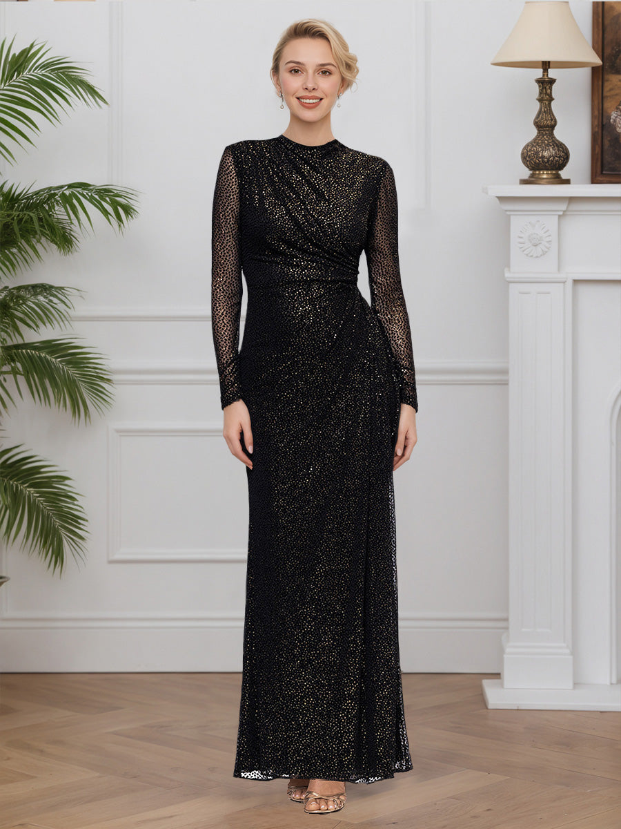 Cicinia Noir Robe pour Mère de la Mariée Longue en Tissu Scintillant Sheath Robe de Soirée Manches Longues Col Rond