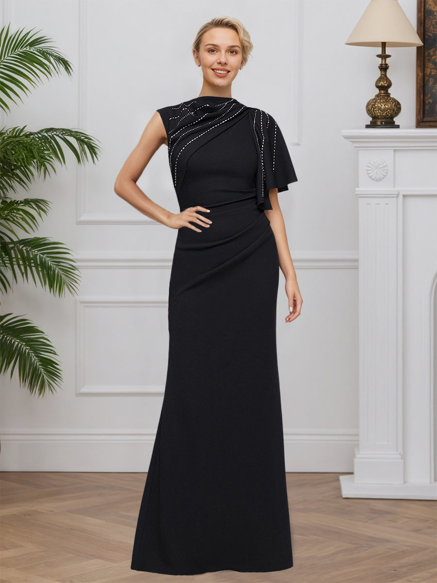 Cicinia Noir Robe pour Mère de la Mariée Longue en Tissu Extensible Perlé Sheath Robe de Soirée Col Rond aux Épaules Asymétriques