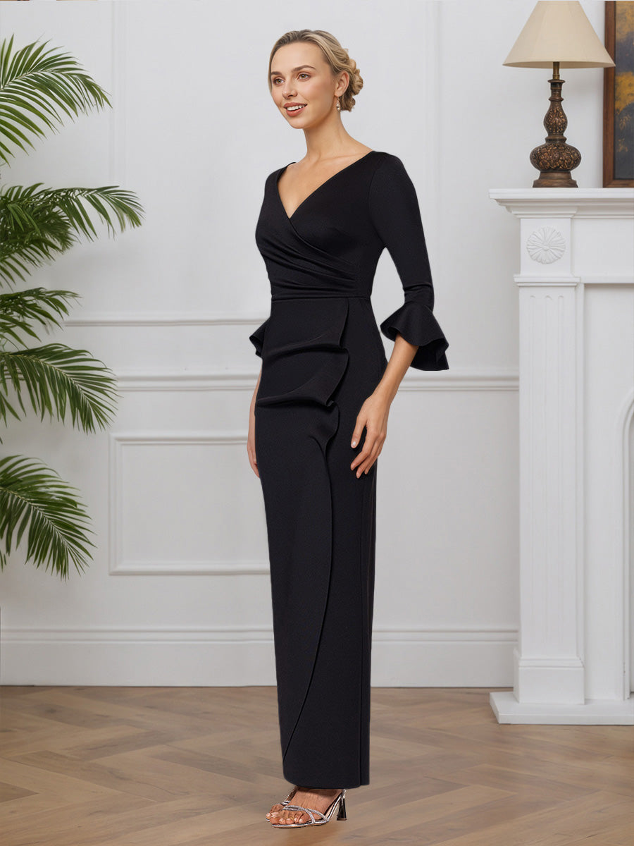 Cicinia Noir Robe pour Mère de la Mariée Longue en Tissu Extensible Sheath Décolleté en V Manches Trois-Quarts
