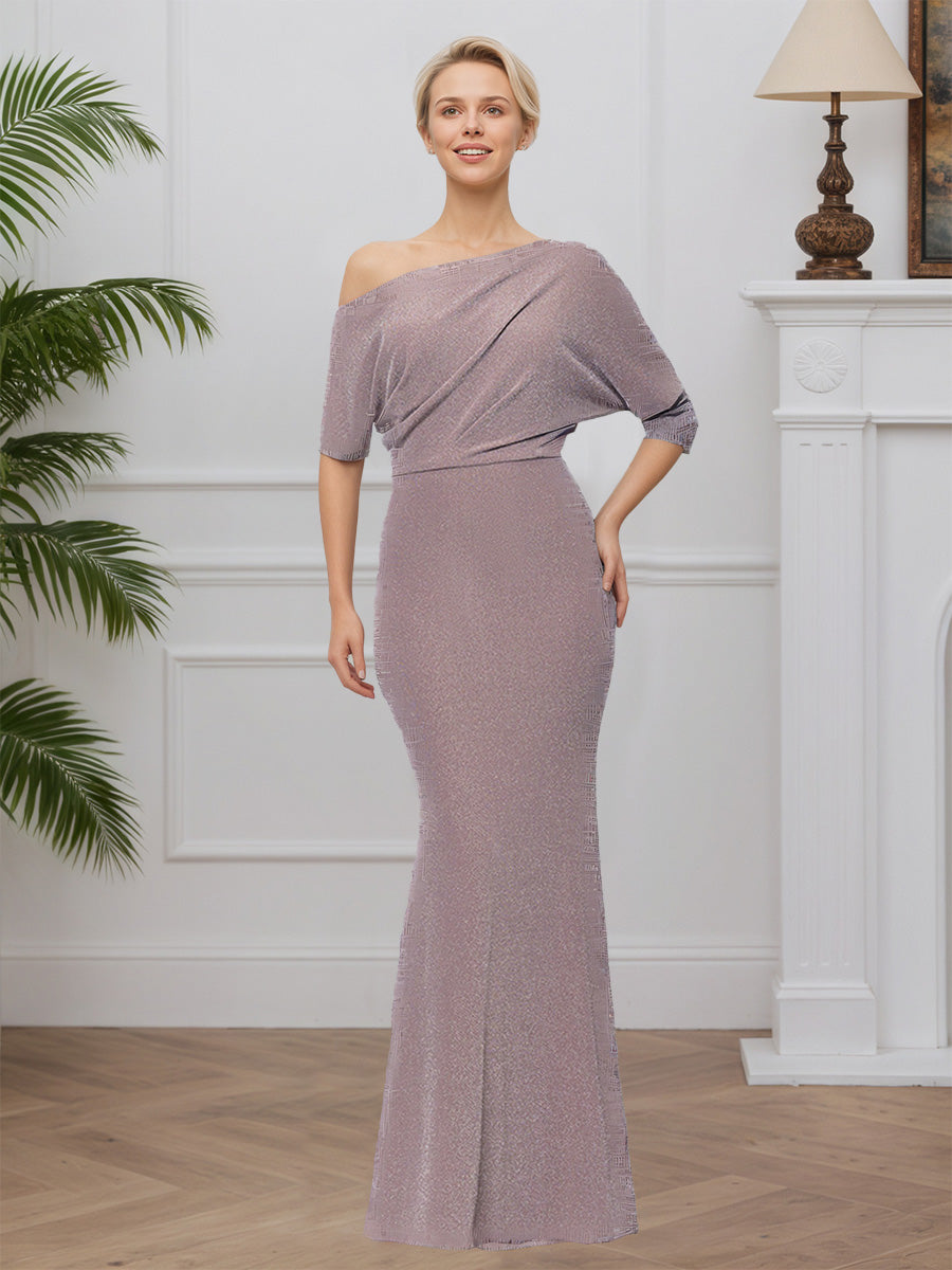 Cicinia TAUPE Robe pour Mère de la Mariée Longue en Tissu Extensible Silhouette Sirène Encolure Asymétrique