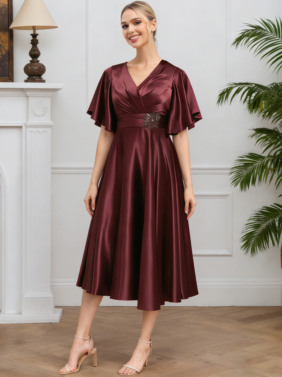 Cicinia Cabernet Robe pour Mère de la Mariée Longue en Satin Doux Décolleté en V A-Line Longueur Midi (Thé)