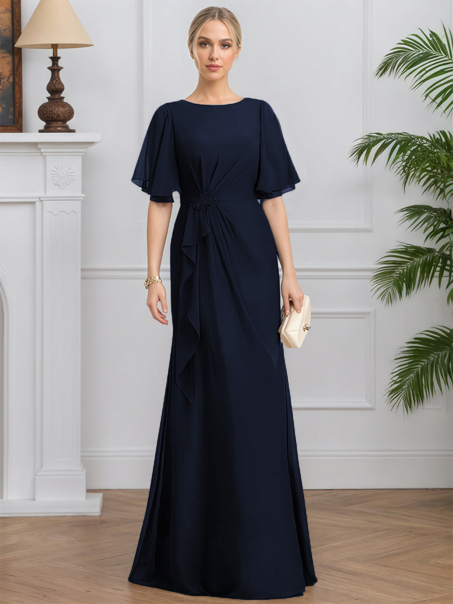 Cicinia Bleu Marine Foncé Robe pour Mère de la Mariée Longue en Mousseline Fourreau Manches Demi-longues Longueur Sol