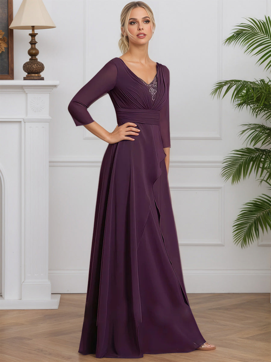 Cicinia Raisin Robe pour Mère de la Mariée Longue en Mousseline A-Line Décolleté en V Manches Trois-Quarts