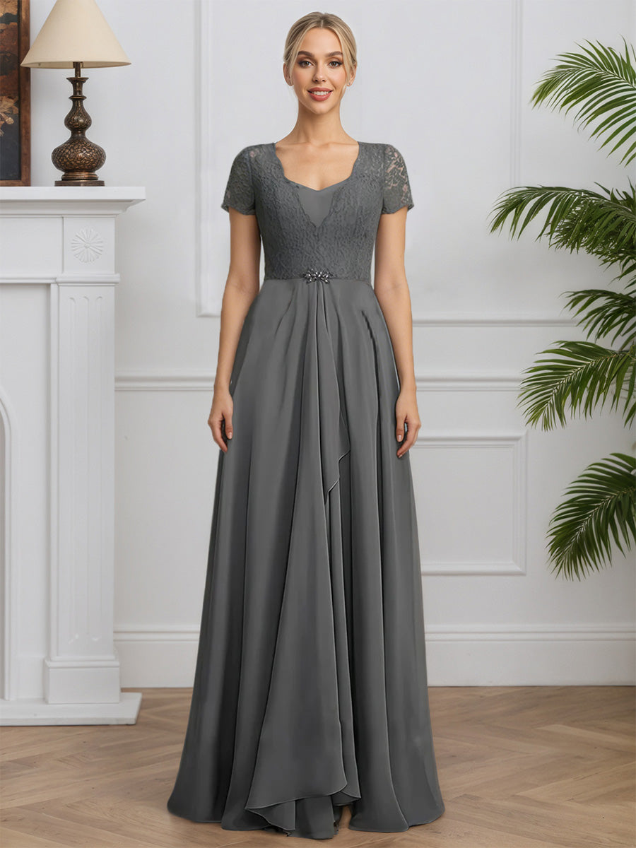 Cicinia Gris Acier Robe pour Mère de la Mariée Longue en Mousseline et Dentelle A-Line Manches Courtes