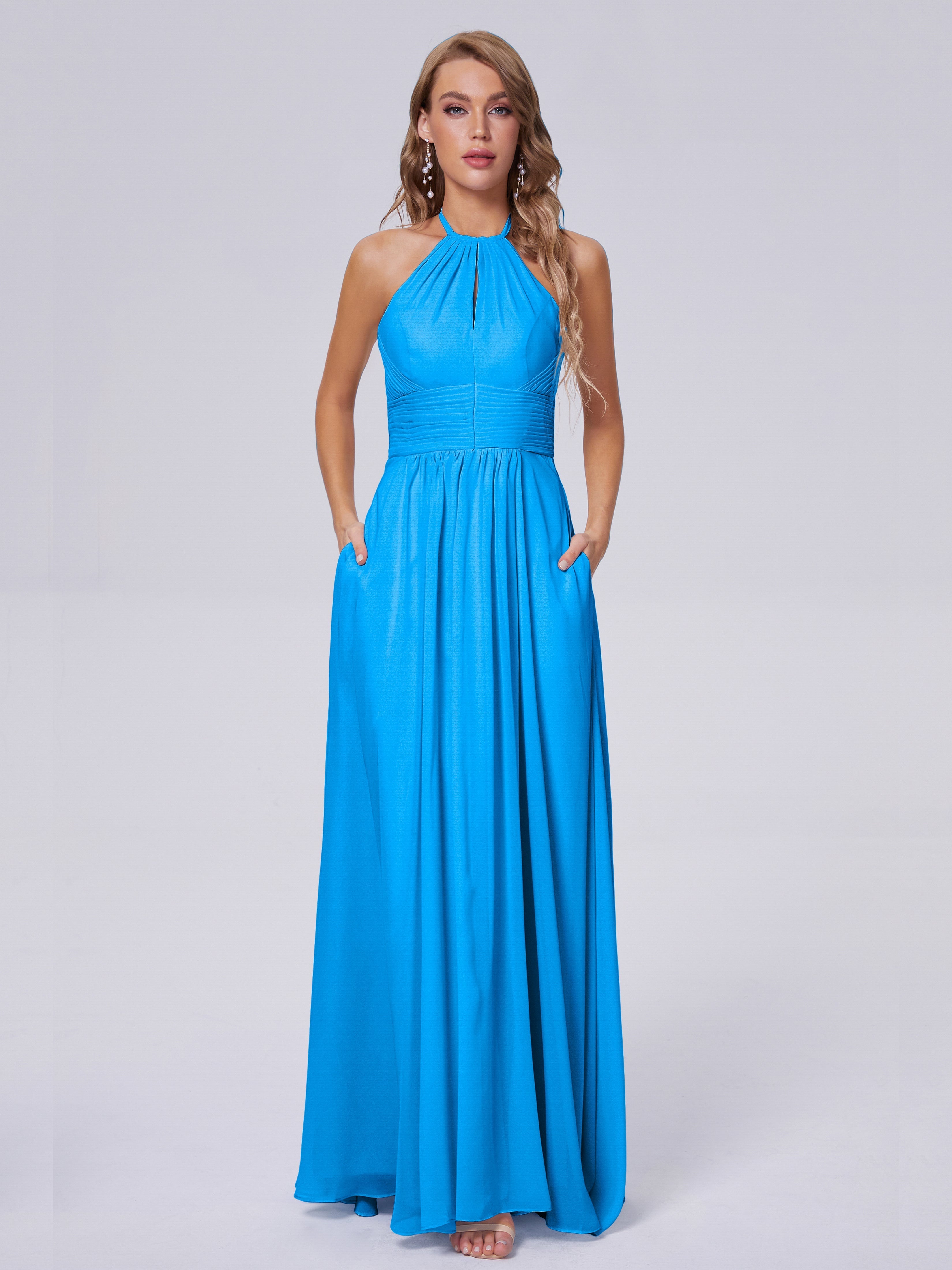 Robes De Demoiselle D'Honneur Bleu Océan Adaline Impressionnante Licou Mousseline Robes Demoiselle D'Honneur