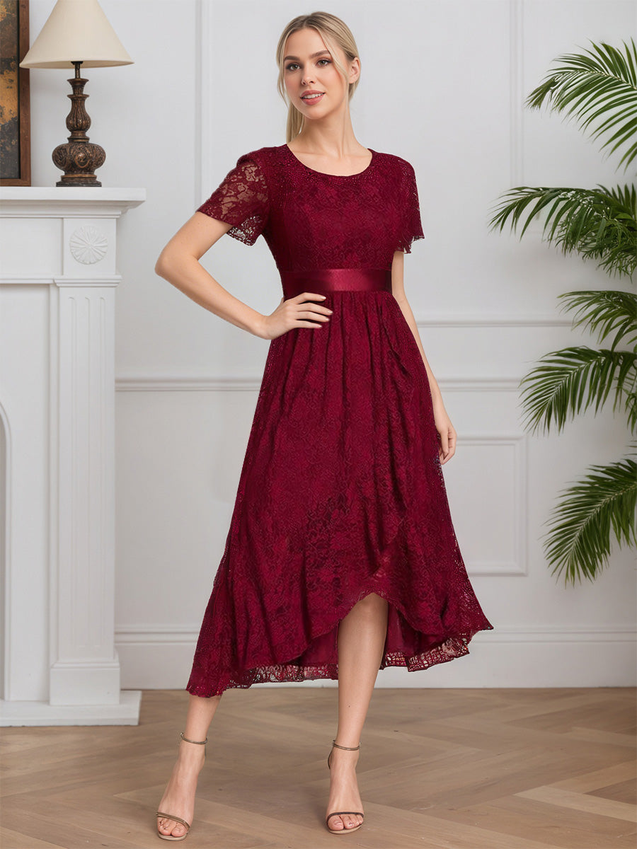 Cicinia BORDEAUX Robe pour Mère de la Mariée Longue en Dentelle A-Line Longueur Midi (Thé) Manches Courtes Grande Taille