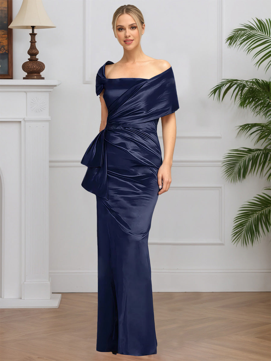 Cicinia MARINE FONCE Robe pour Mère de la Mariée Longue en Satin Fourreau sans Manches Longueur Sol Élégante Encolure Asymétrique