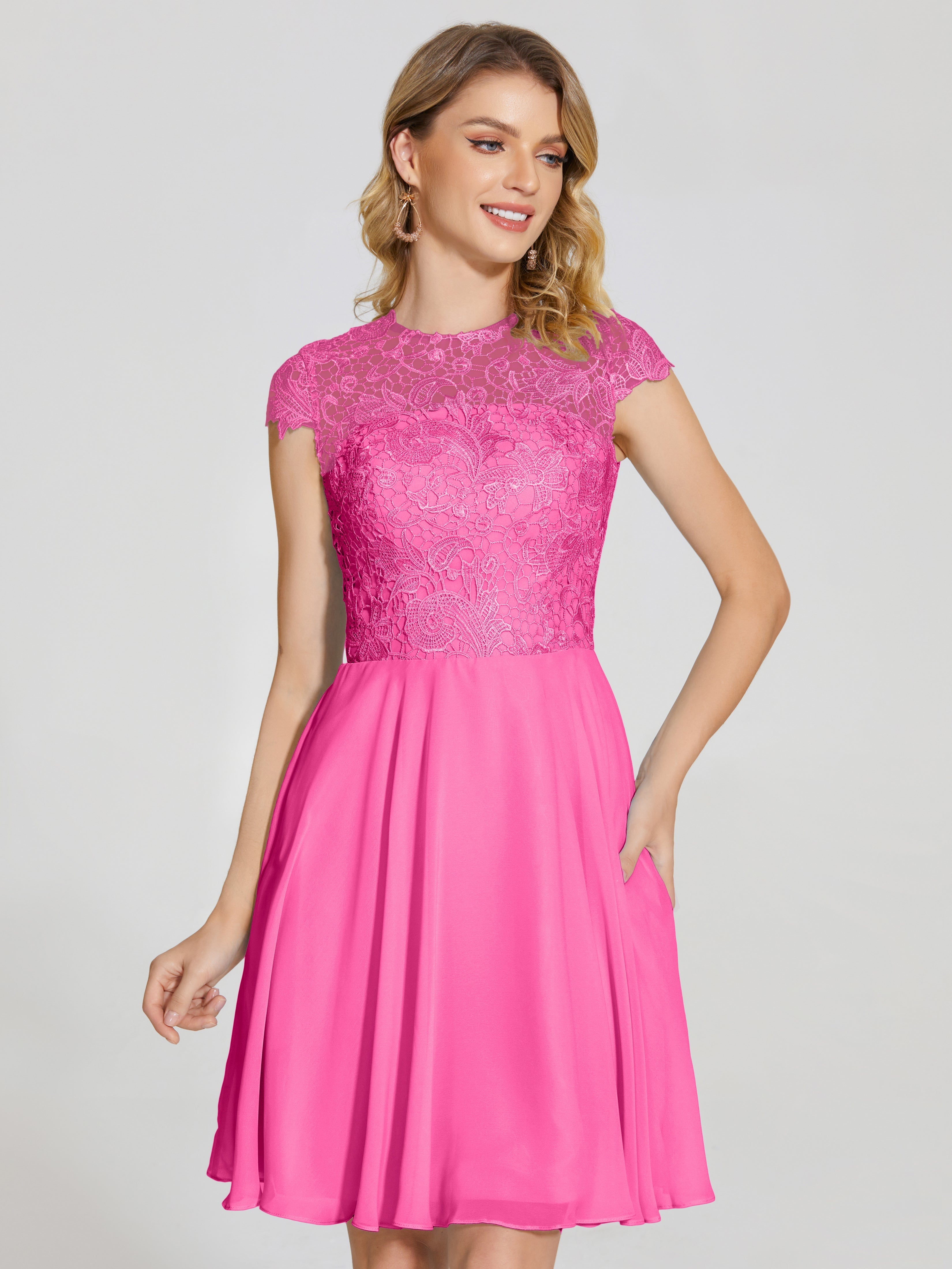 Robe Demoiselle D Honneur Azalée Trapèze Courte Dentelle Mousseline Robe De Demoiselle D'Honneur