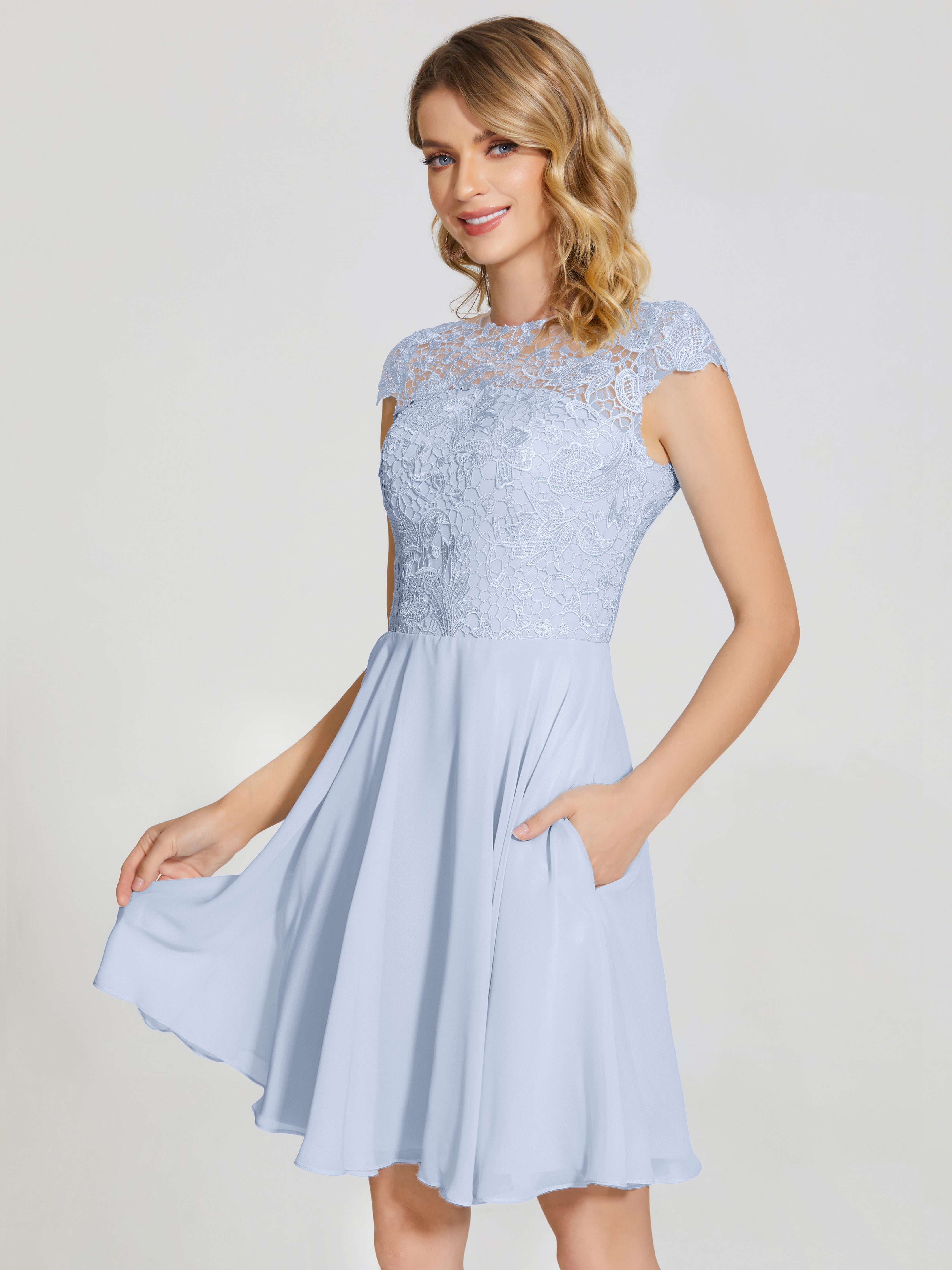 Demoiselle D Honneur Bleu Ciel Trapèze Courte Dentelle Mousseline Robe De Demoiselle D'Honneur