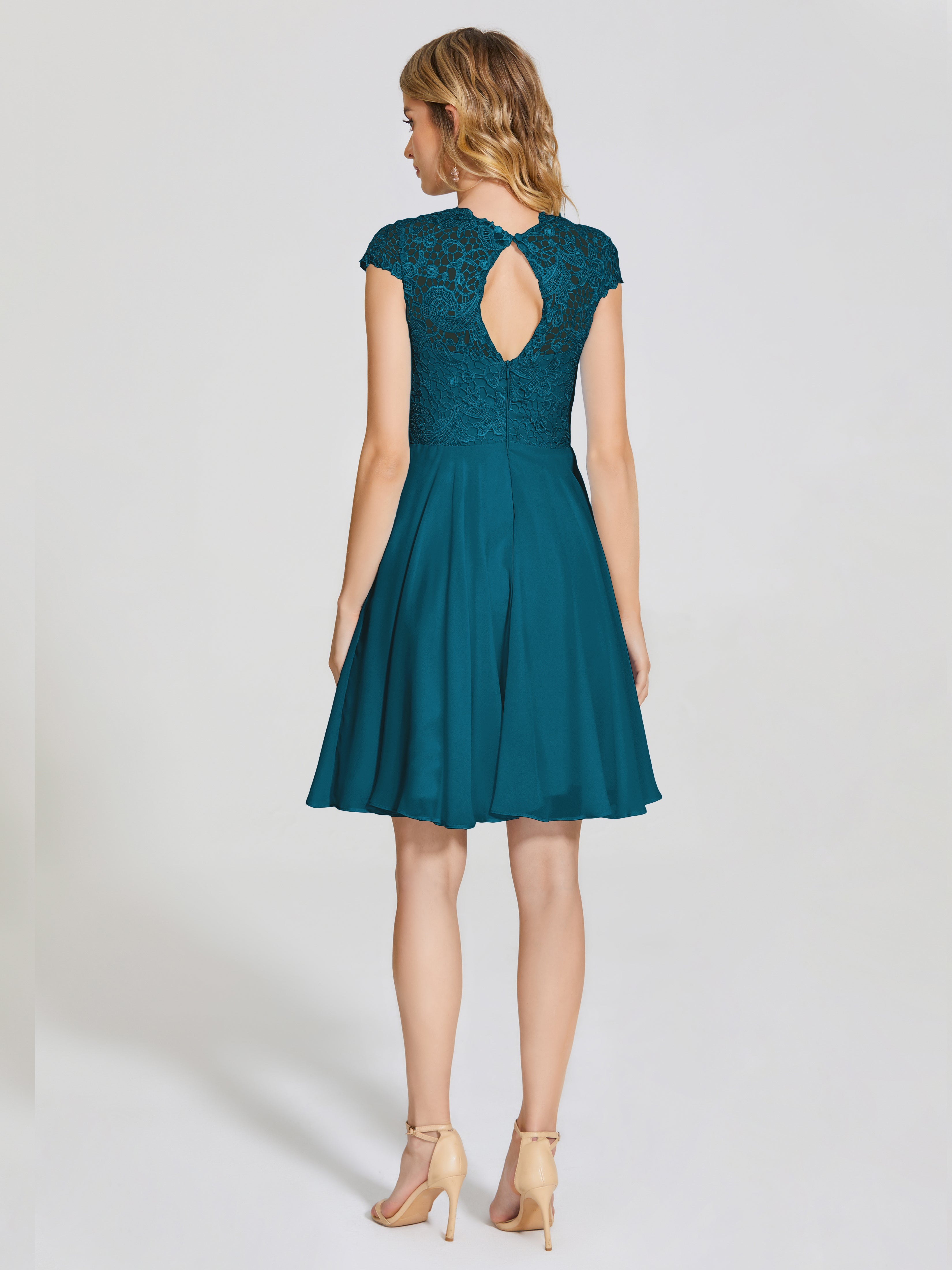 Robe De Demoiselle D'Honneur Bleu Encre Trapèze Courte Dentelle Mousseline Robe De Demoiselle D'Honneur