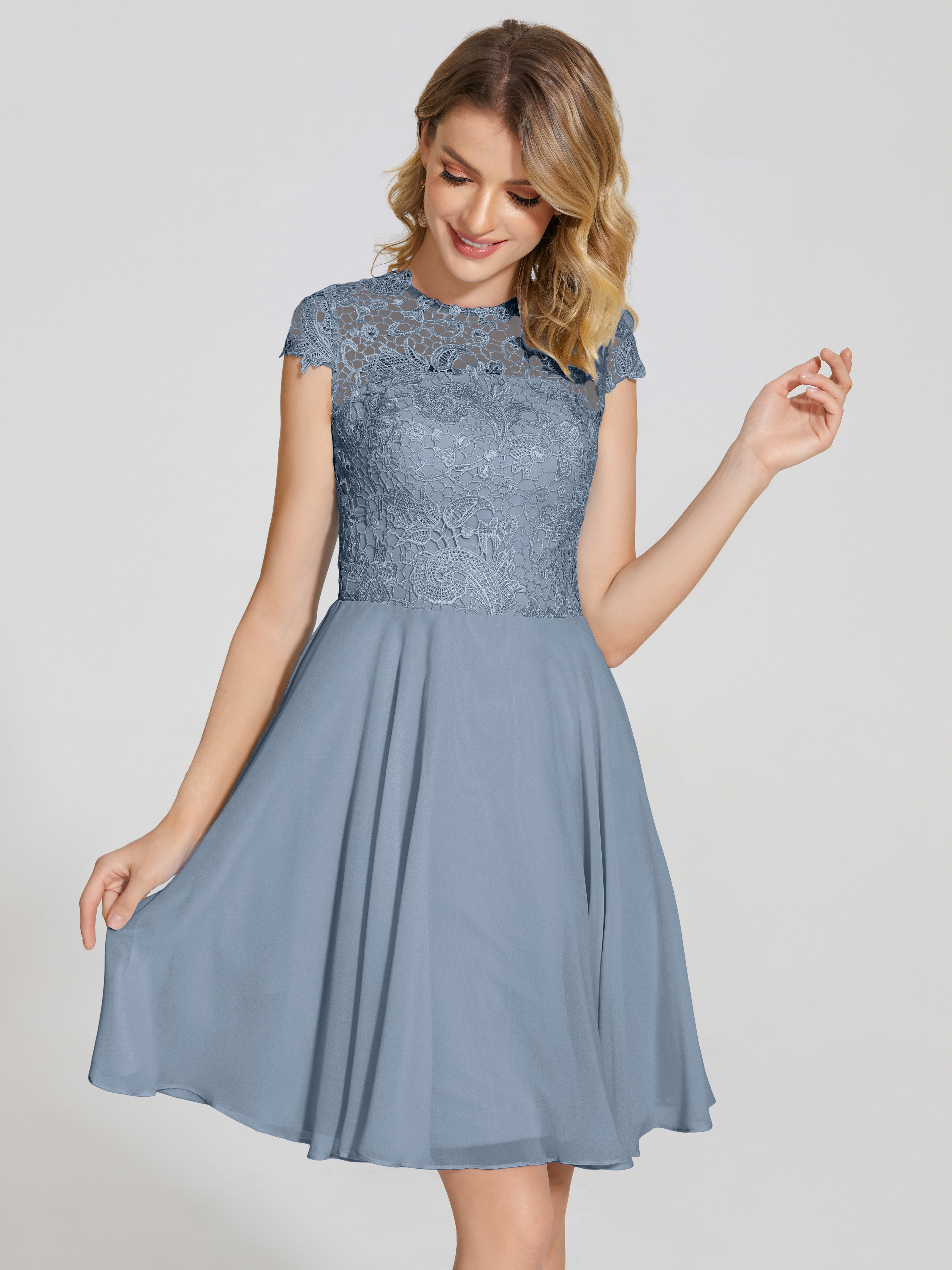 Robe Demoiselle D Honneur Bleu Poussiereux Trapèze Courte Dentelle Mousseline Robe De Demoiselle D'Honneur