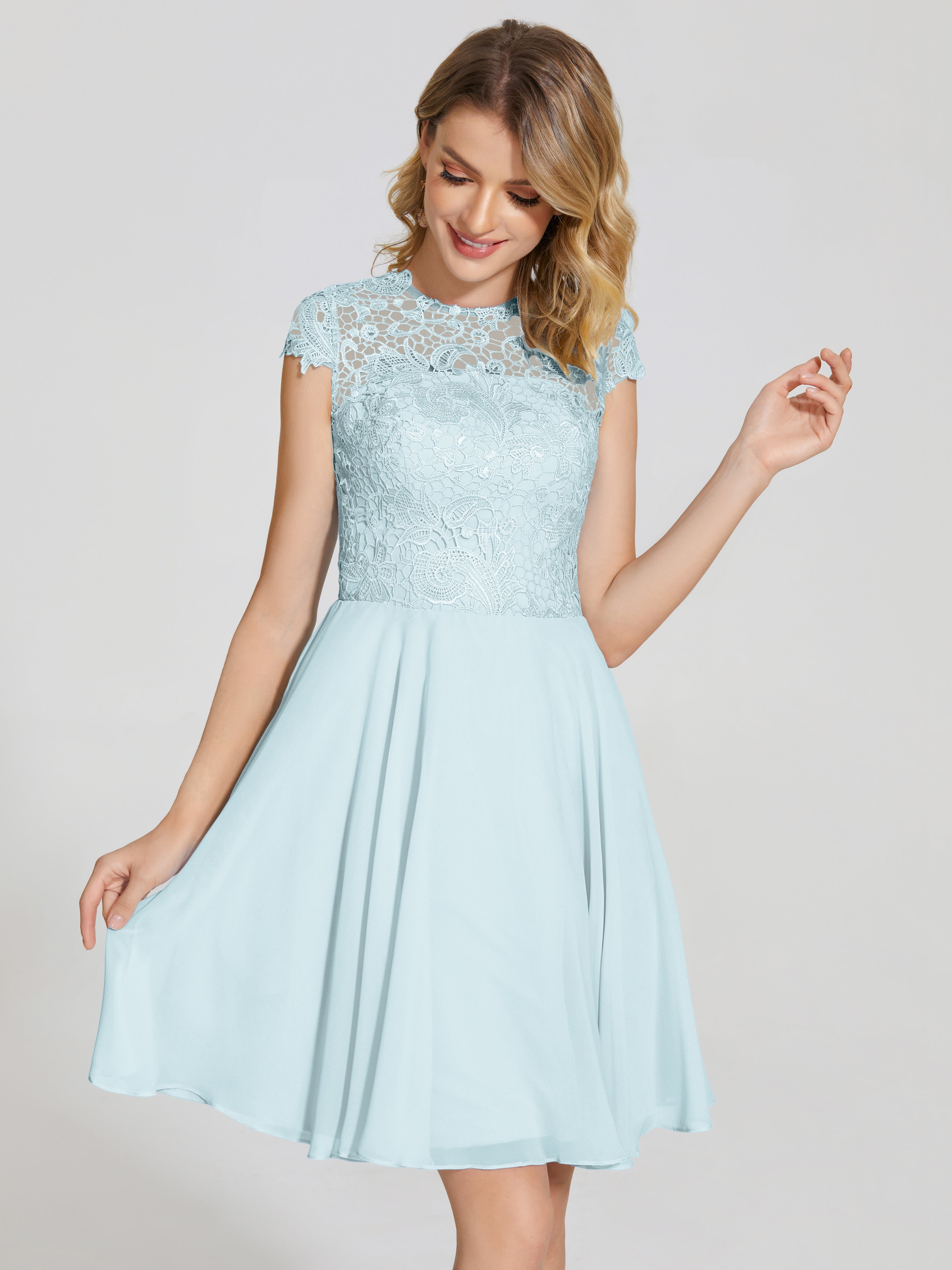 Robe De Demoiselle D'Honneur Brume Trapèze Courte Dentelle Mousseline Robe De Demoiselle D'Honneur
