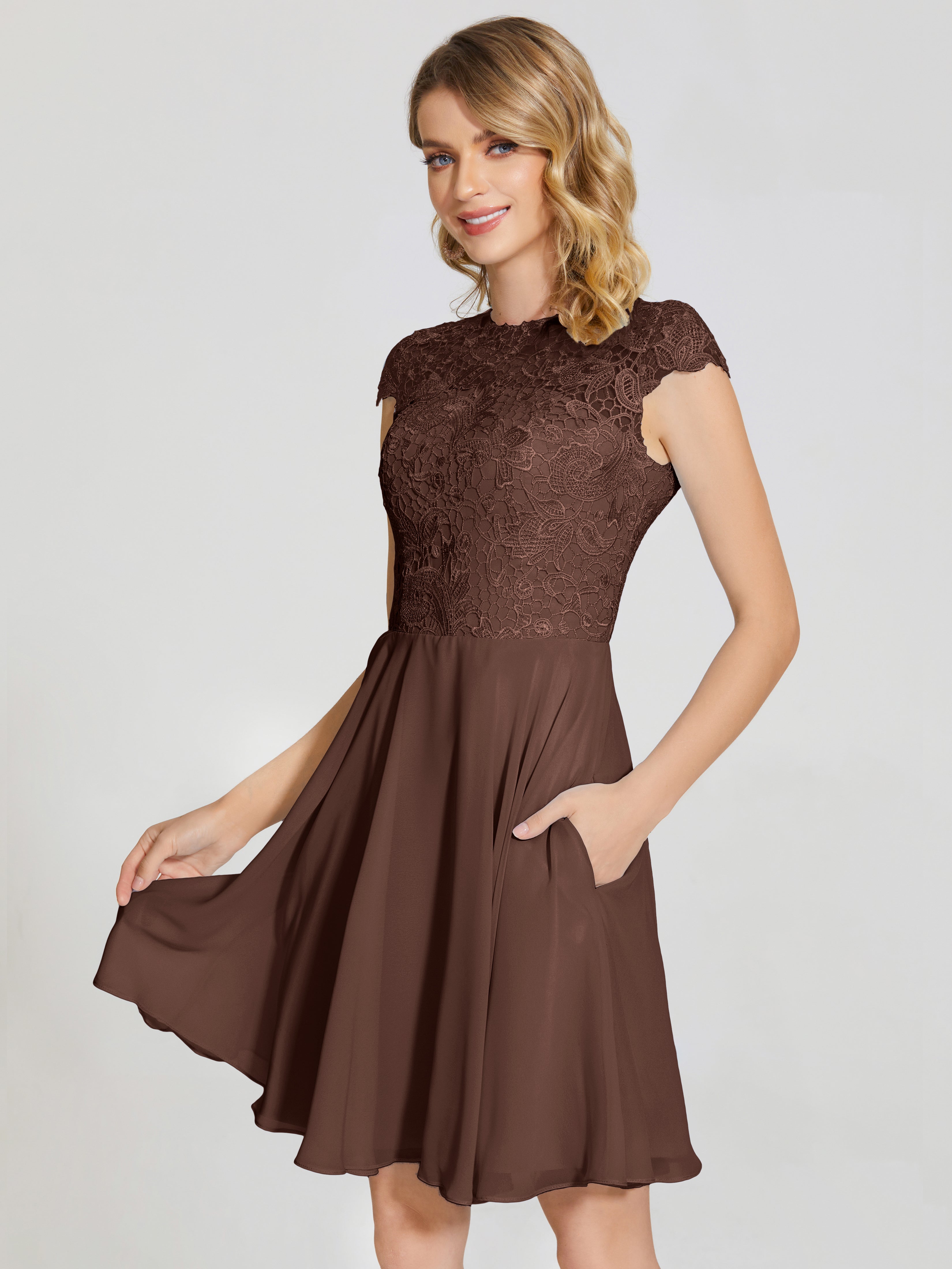Robe Marron Chocolat Demoiselle D Honneur Trapèze Courte Dentelle Mousseline Robe De Demoiselle D'Honneur