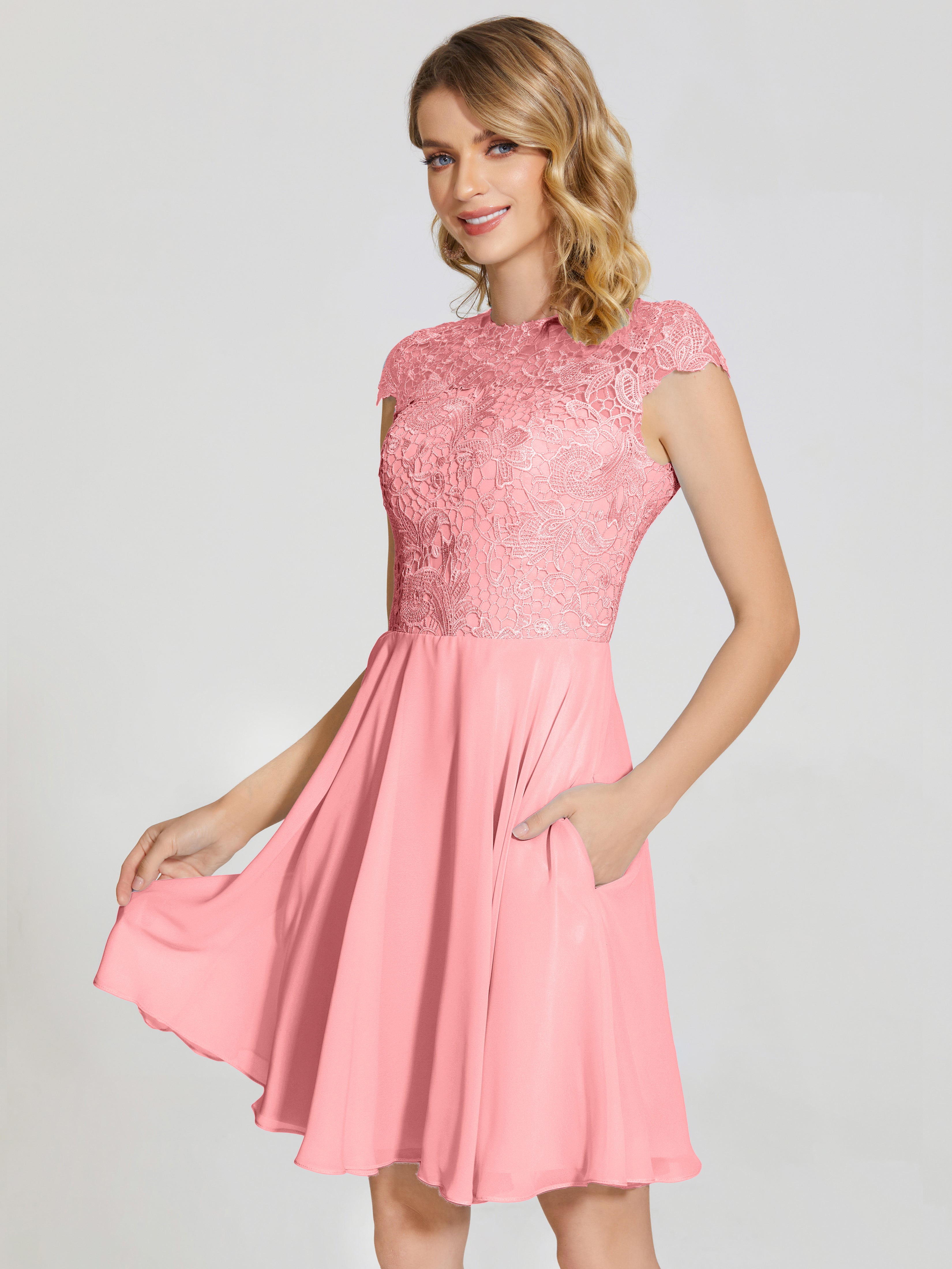 Robes De Demoiselle D'Honneur En Flamant Trapèze Courte Dentelle Mousseline Robe De Demoiselle D'Honneur