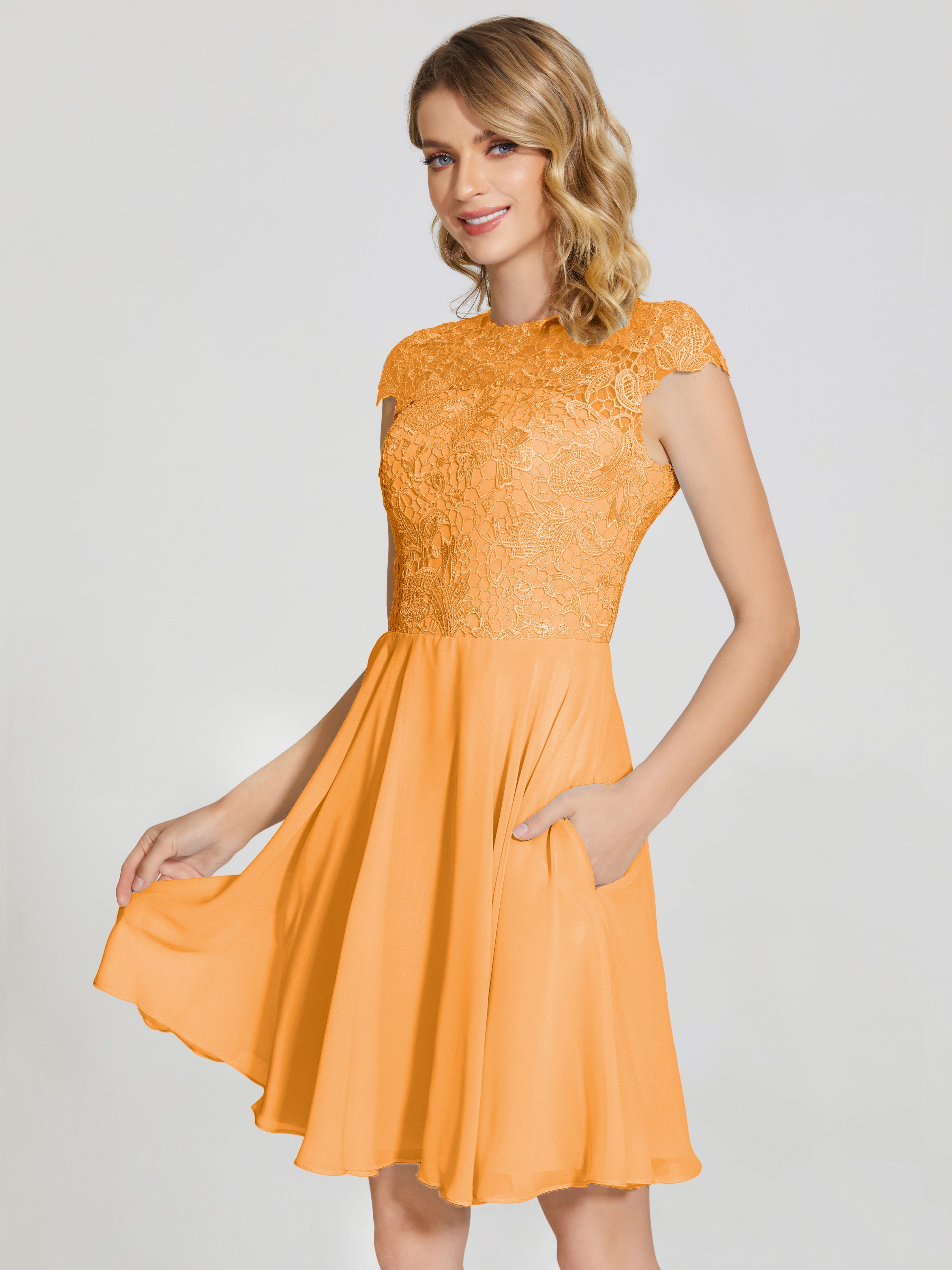 Robes De Demoiselle D'Honneur Mandarine Trapèze Courte Dentelle Mousseline Robe De Demoiselle D'Honneur