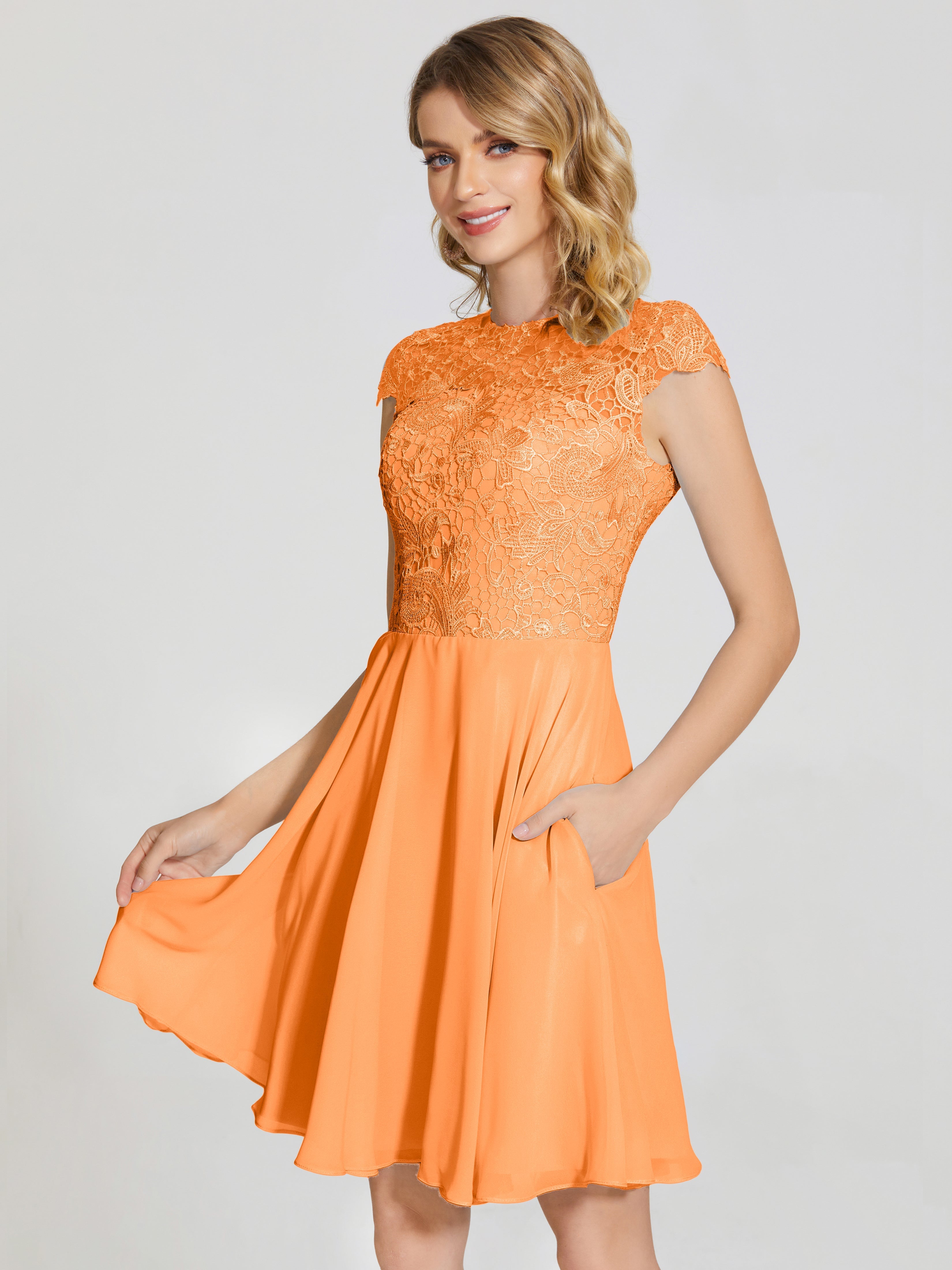 Robe Demoiselle D Honneur Orange Trapèze Courte Dentelle Mousseline Robe De Demoiselle D'Honneur