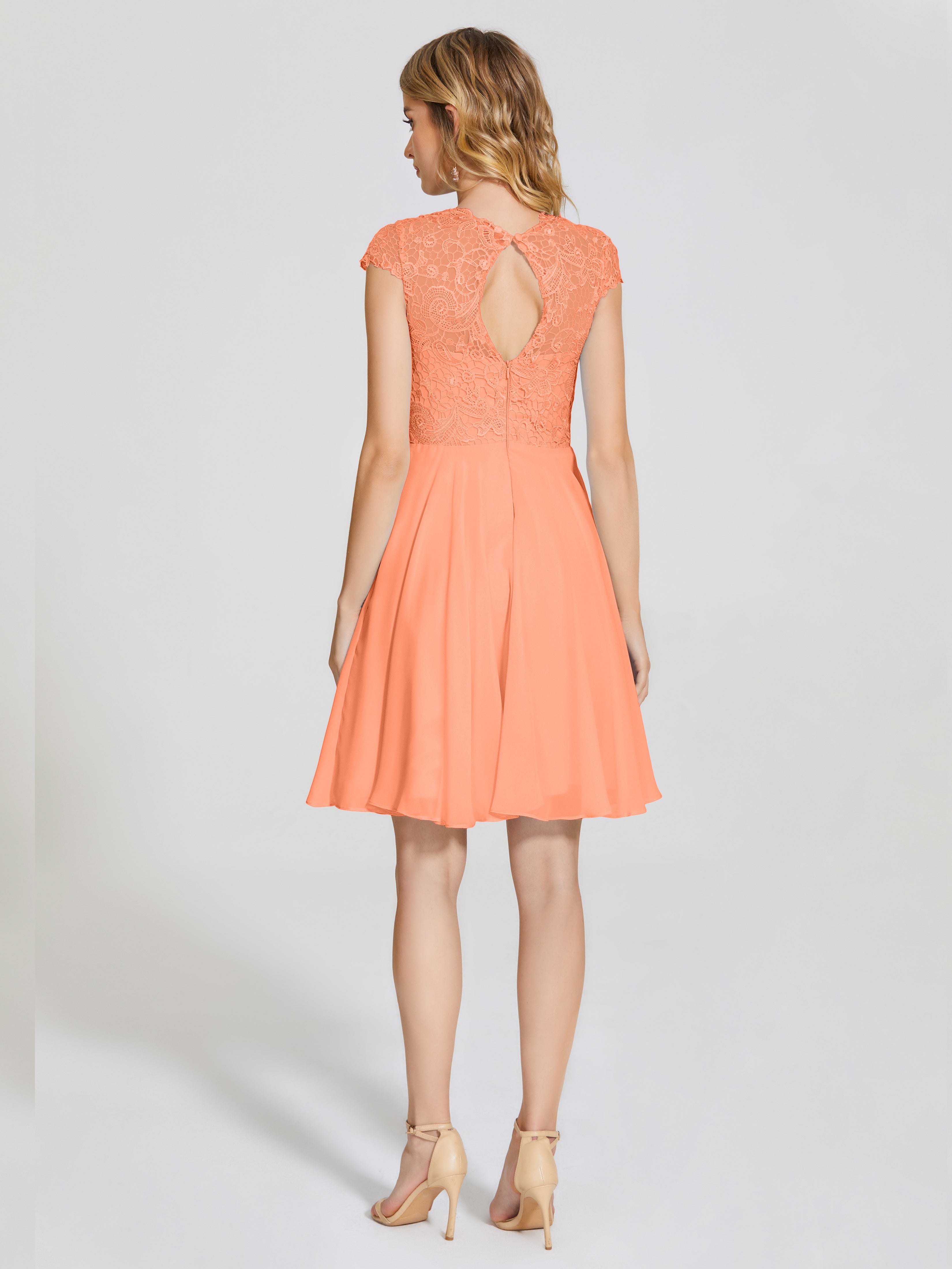 Robes De Demoiselle D'Honneur Papaye Trapèze Courte Dentelle Mousseline Robe De Demoiselle D'Honneur