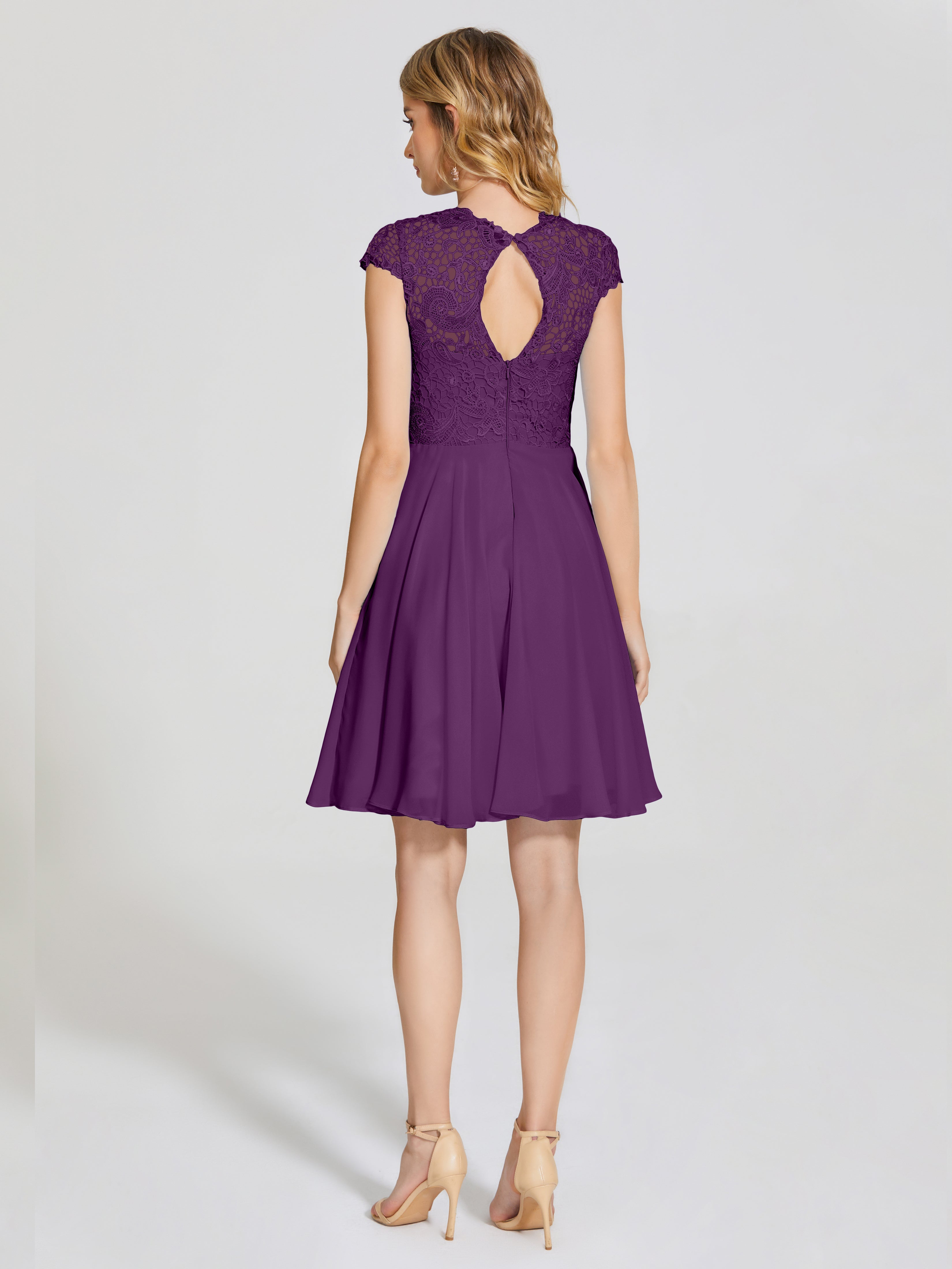 Robes De Demoiselle D'Honneur En Raisin Trapèze Courte Dentelle Mousseline Robe De Demoiselle D'Honneur
