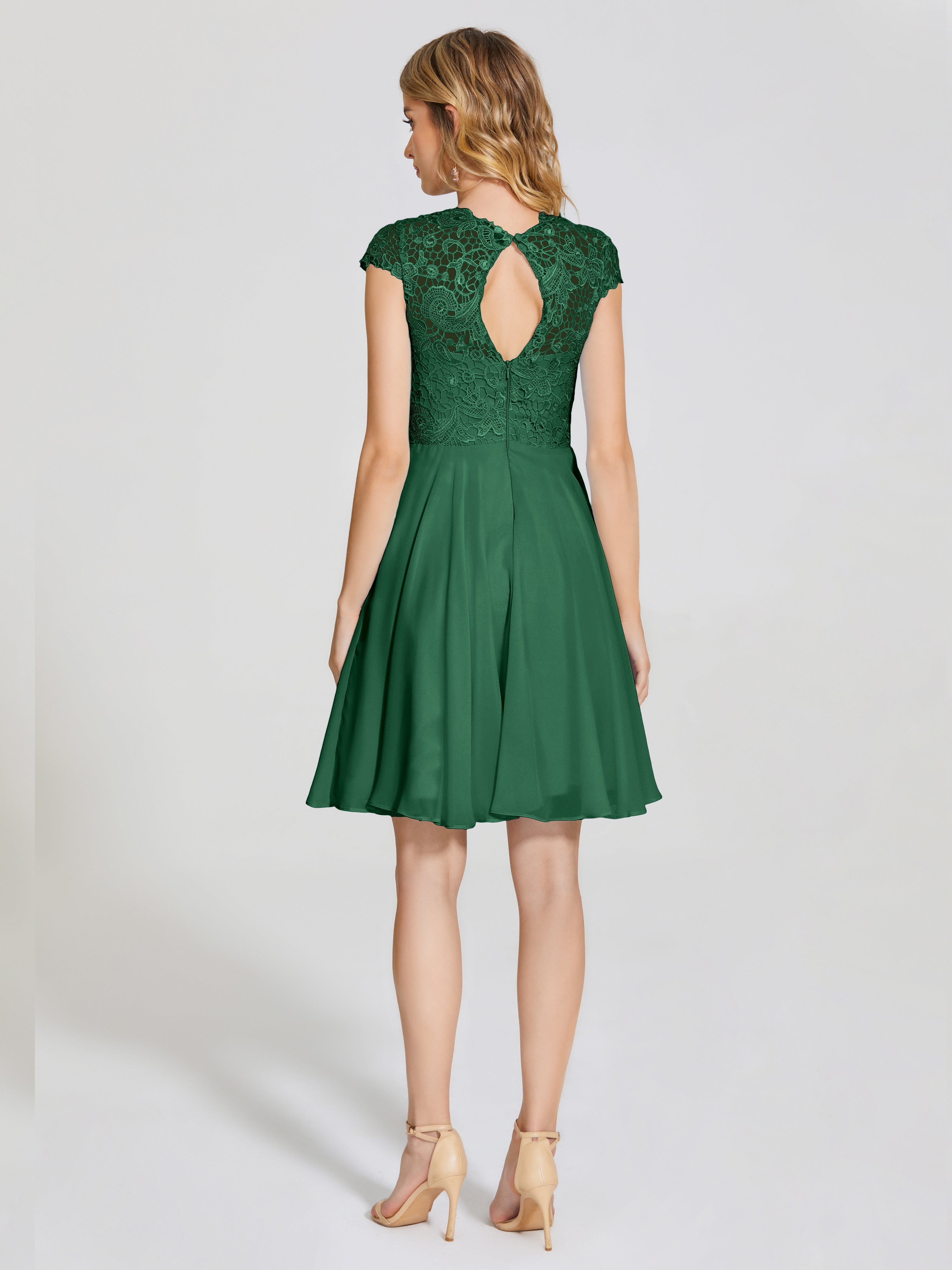 Demoiselle D'Honneur Vert Foncé Trapèze Courte Dentelle Mousseline Robe De Demoiselle D'Honneur