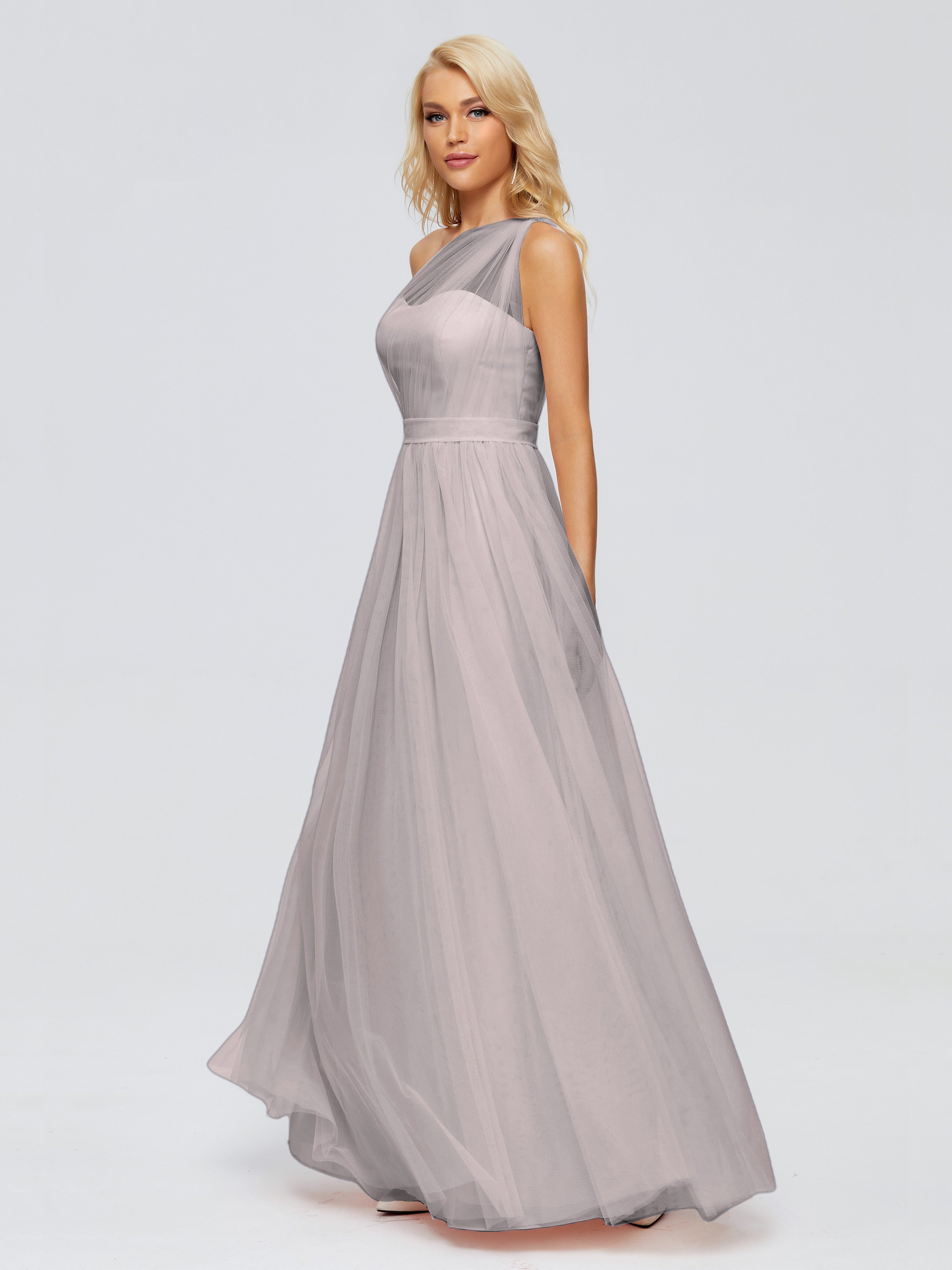 Robe Demoiselle D Honneur Argent A-ligne Seule-Épaule Ruban Mousseline Robes Demoiselle D'Honneur