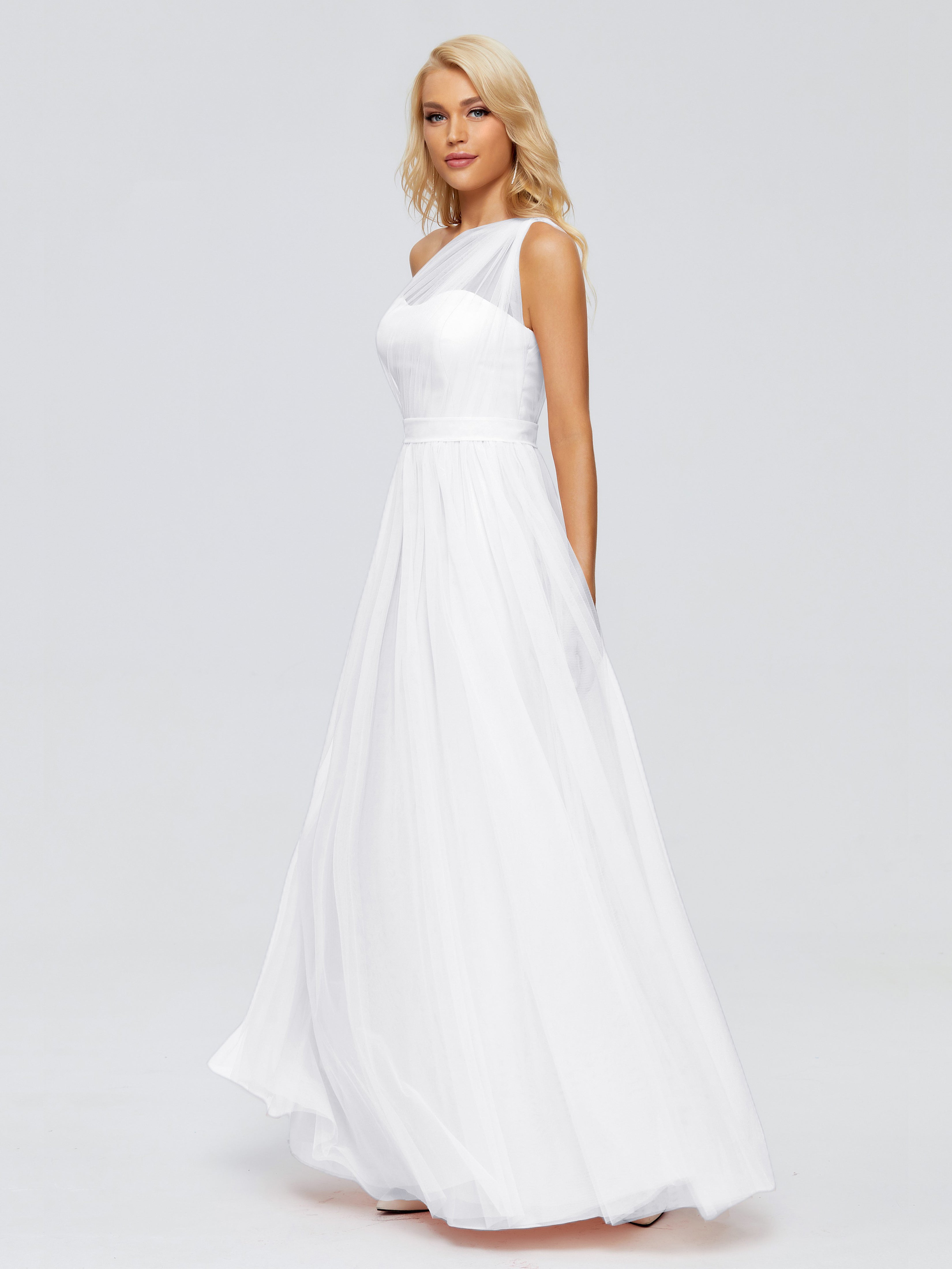 Robe Demoiselle D Honneur Blanc A-ligne Seule-Épaule Ruban Mousseline Robes Demoiselle D'Honneur