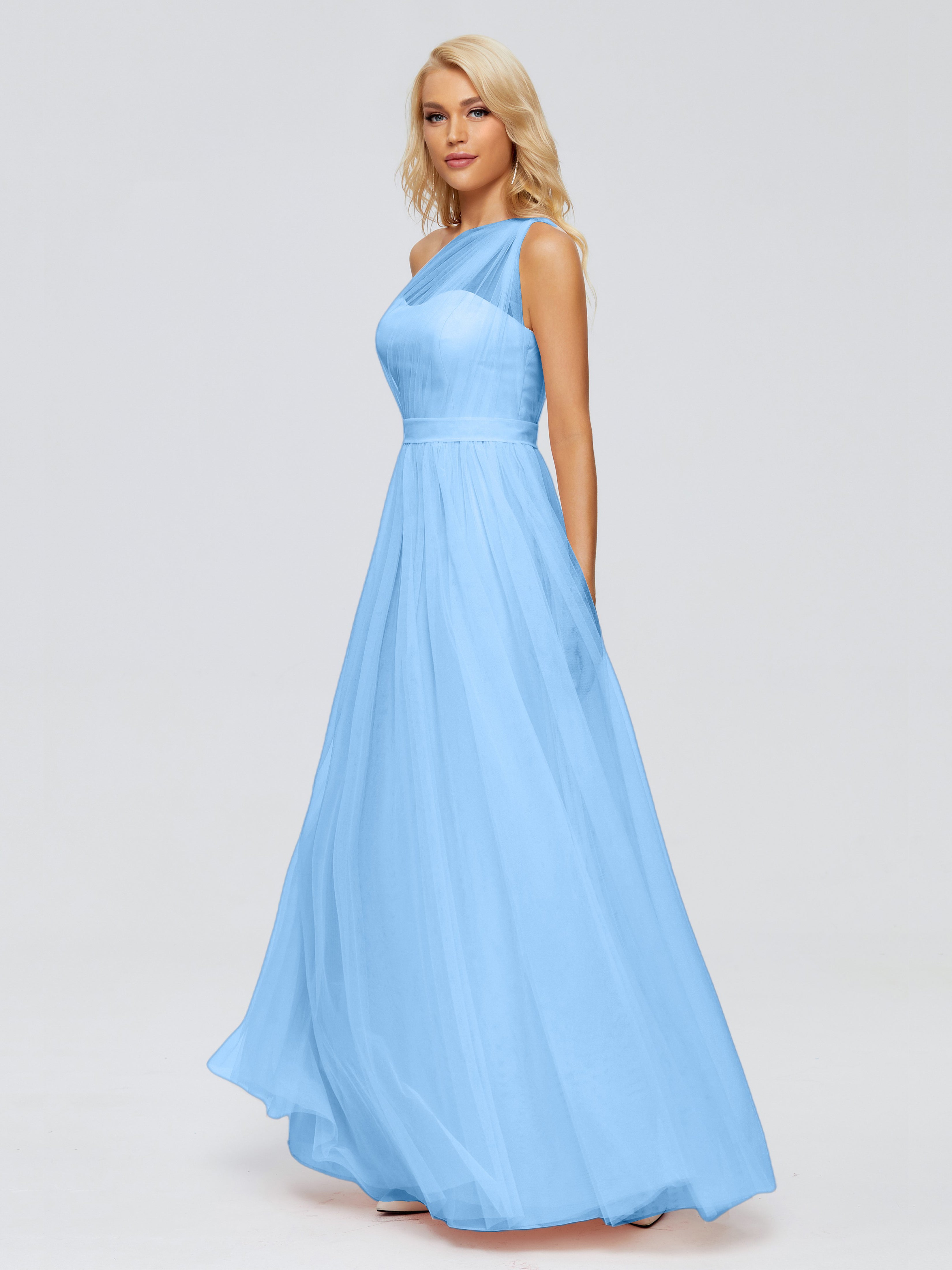 Robe Demoiselle D Honneur Bleu Trapèze Seule-Épaule Ruban Mousseline Robes Demoiselle D'Honneur