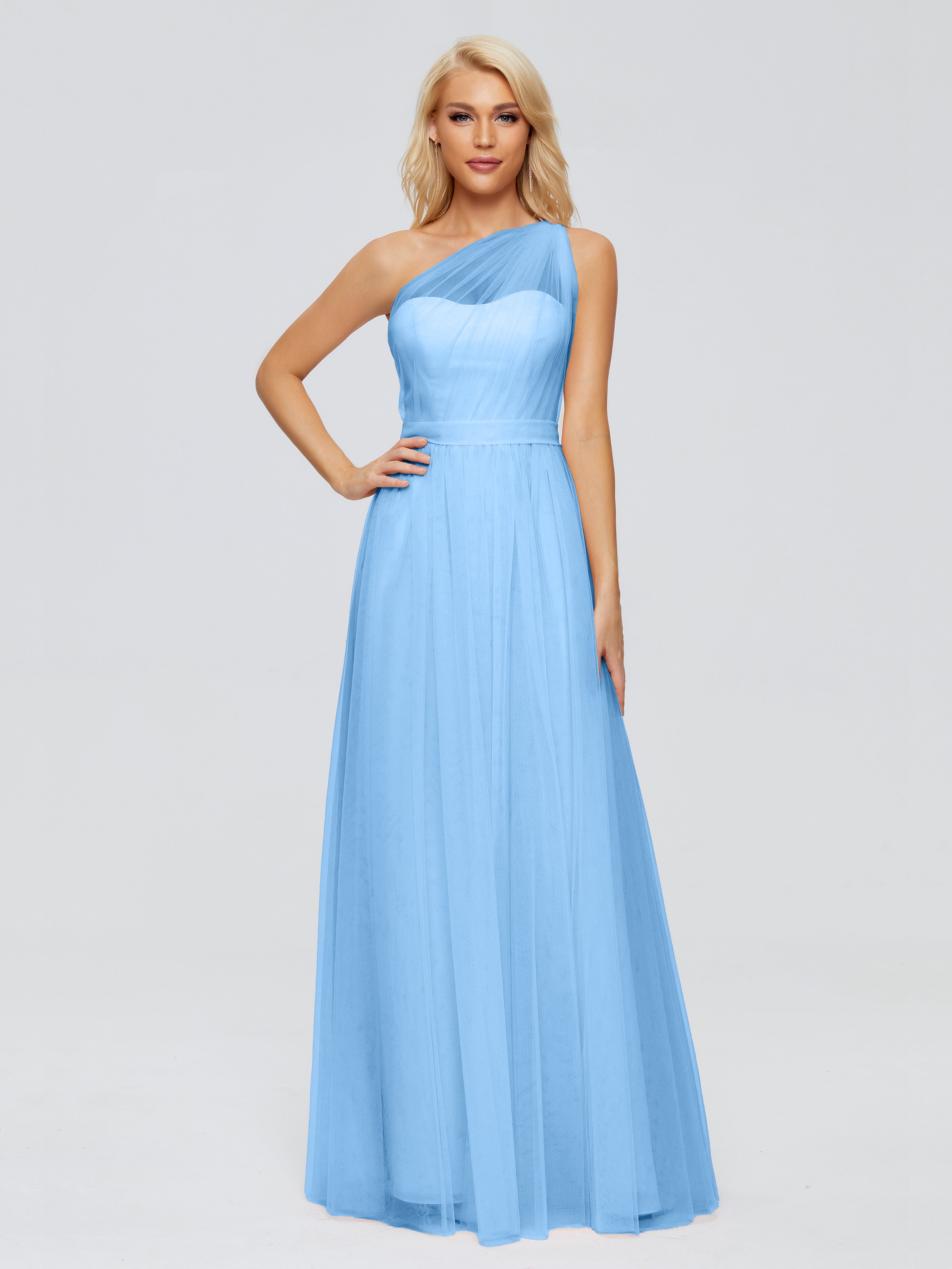 Robe Demoiselle D Honneur Bleu Trapèze Seule-Épaule Ruban Mousseline Robes Demoiselle D'Honneur