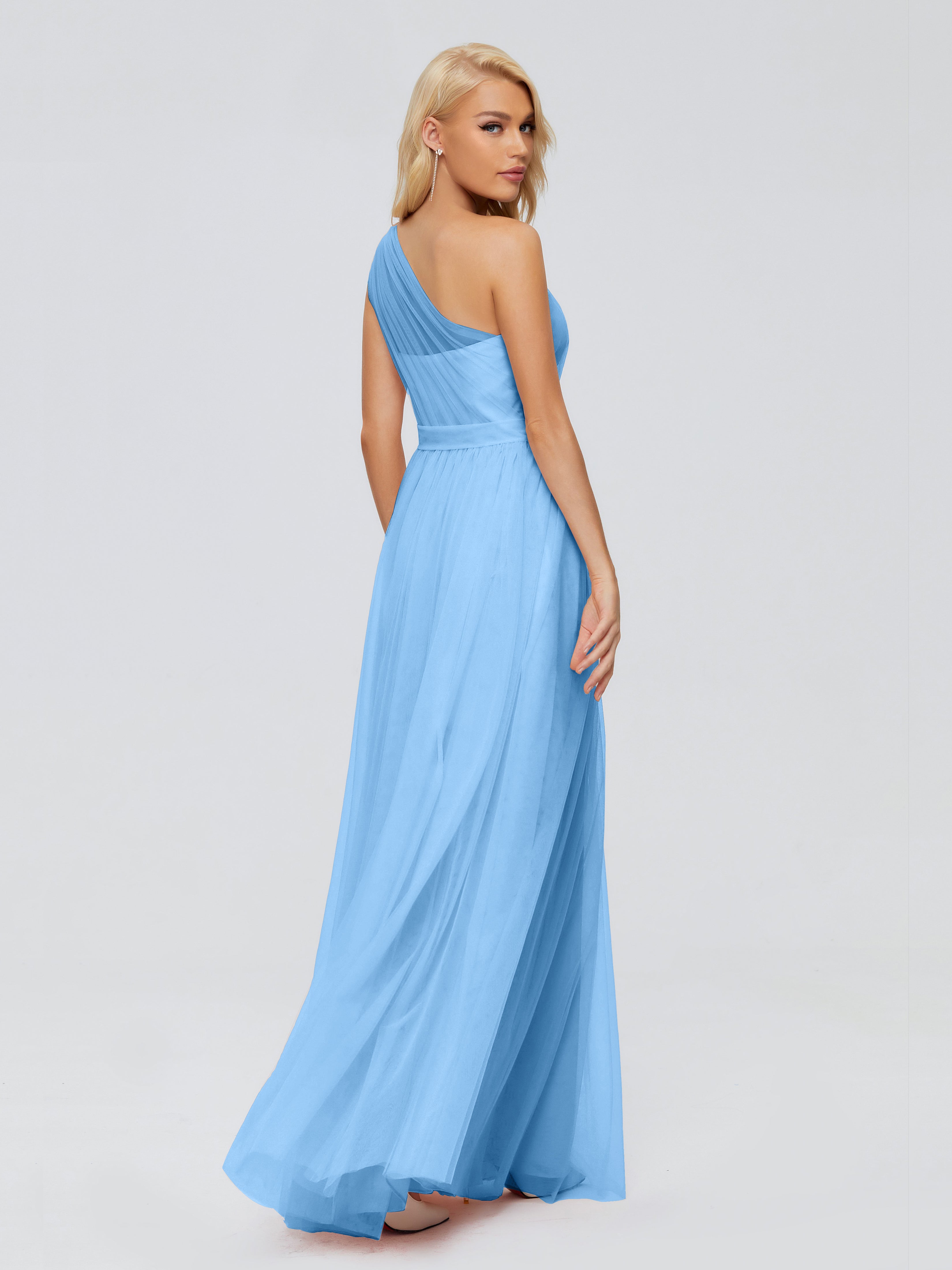Robe Demoiselle D Honneur Bleu Trapèze Seule-Épaule Ruban Mousseline Robes Demoiselle D'Honneur