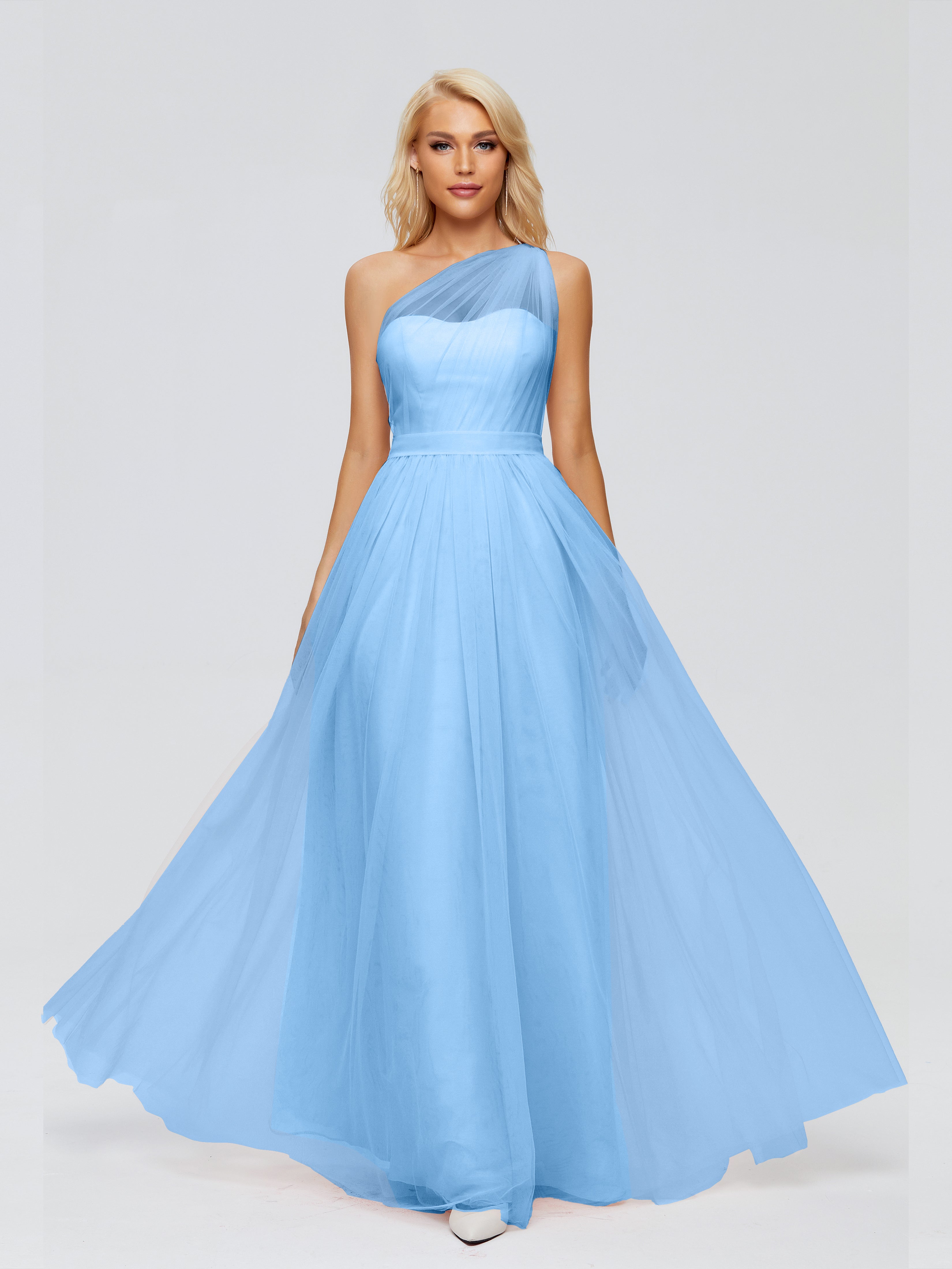 Robe Demoiselle D Honneur Bleu Trapèze Seule-Épaule Ruban Mousseline Robes Demoiselle D'Honneur