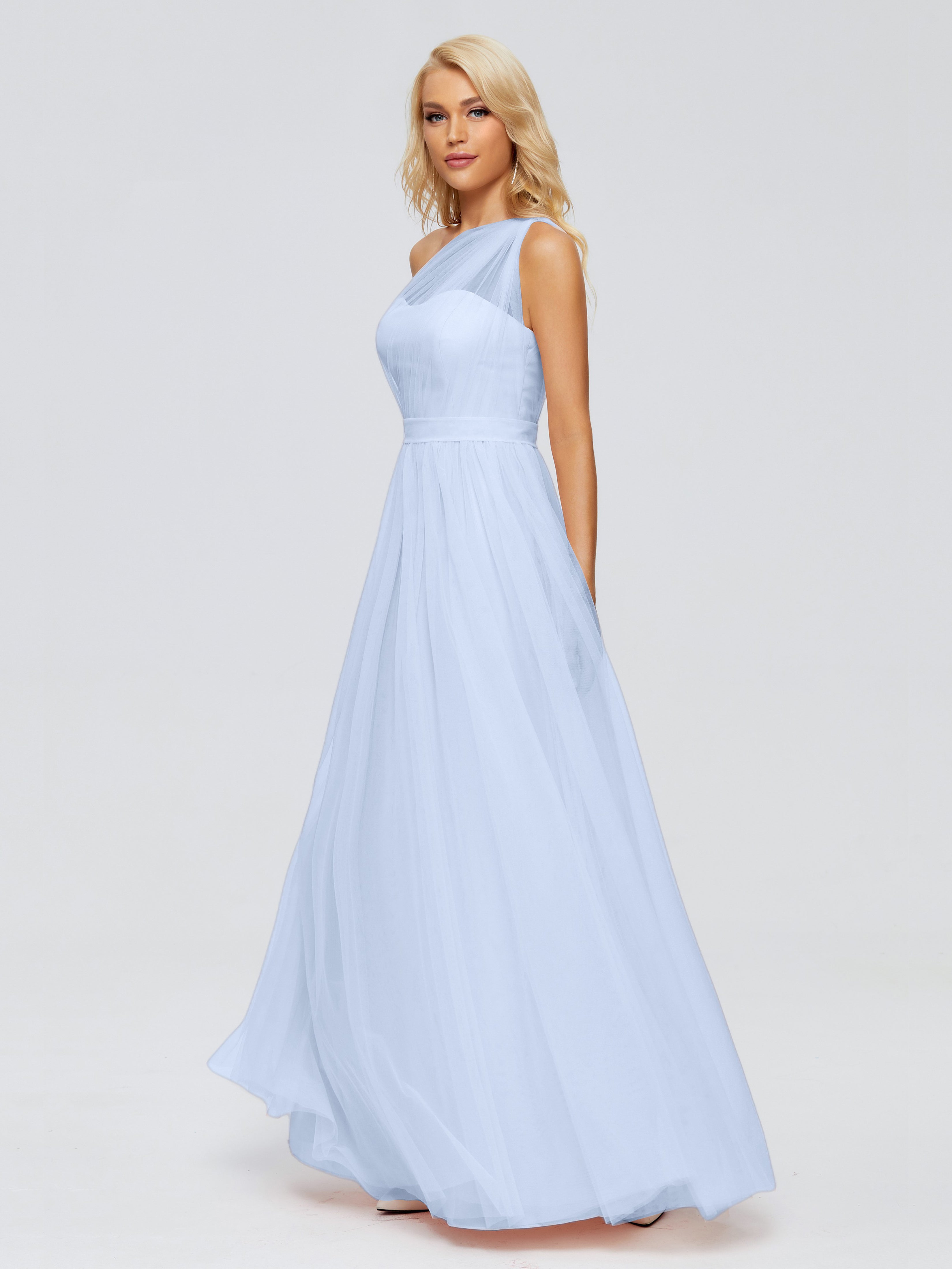 Robes De Demoiselle D'Honneur Bleu Ciel Trapèze Seule-Épaule Ruban Mousseline Robes Demoiselle D'Honneur