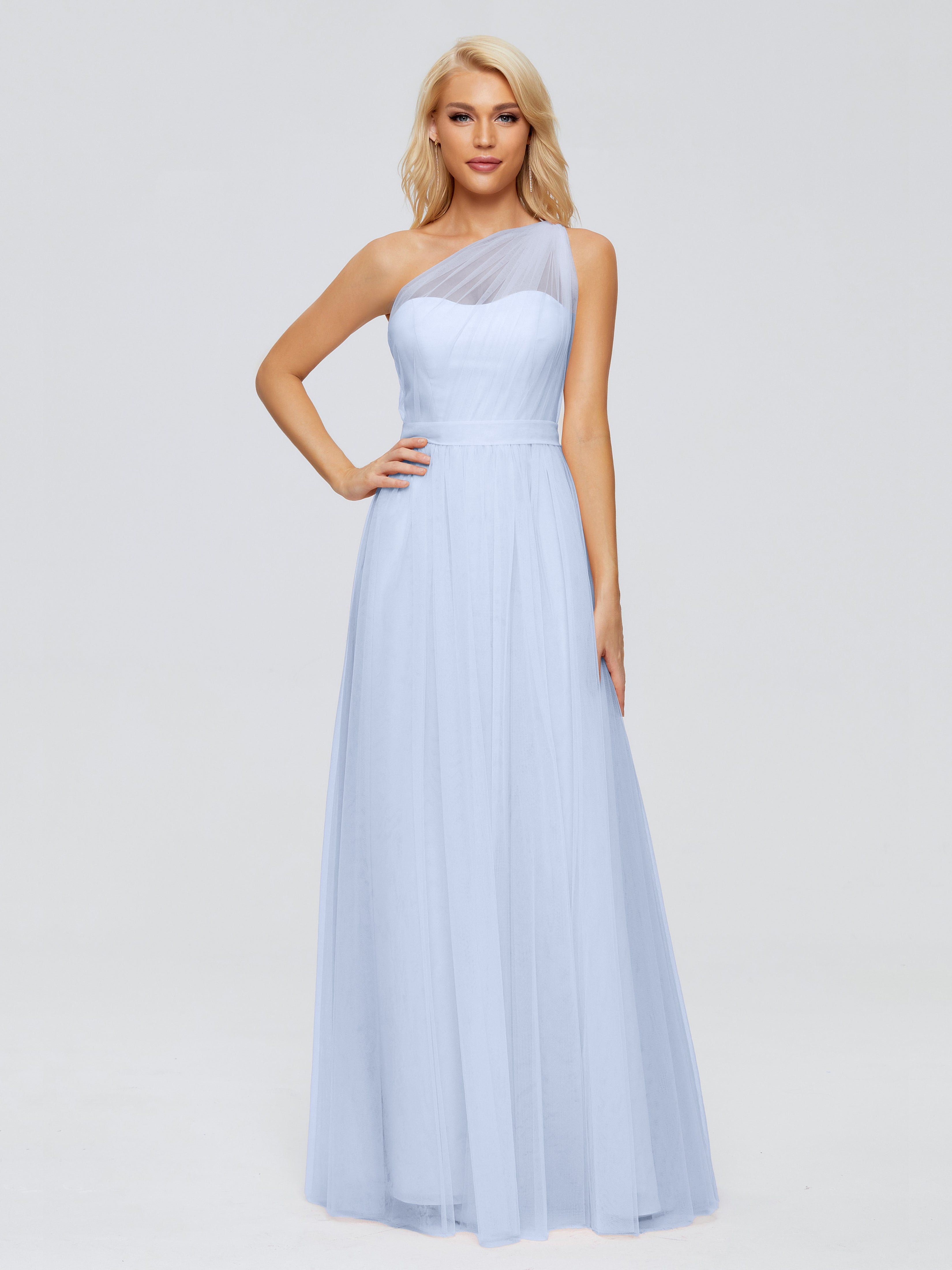 Robes De Demoiselle D'Honneur Bleu Ciel Trapèze Seule-Épaule Ruban Mousseline Robes Demoiselle D'Honneur