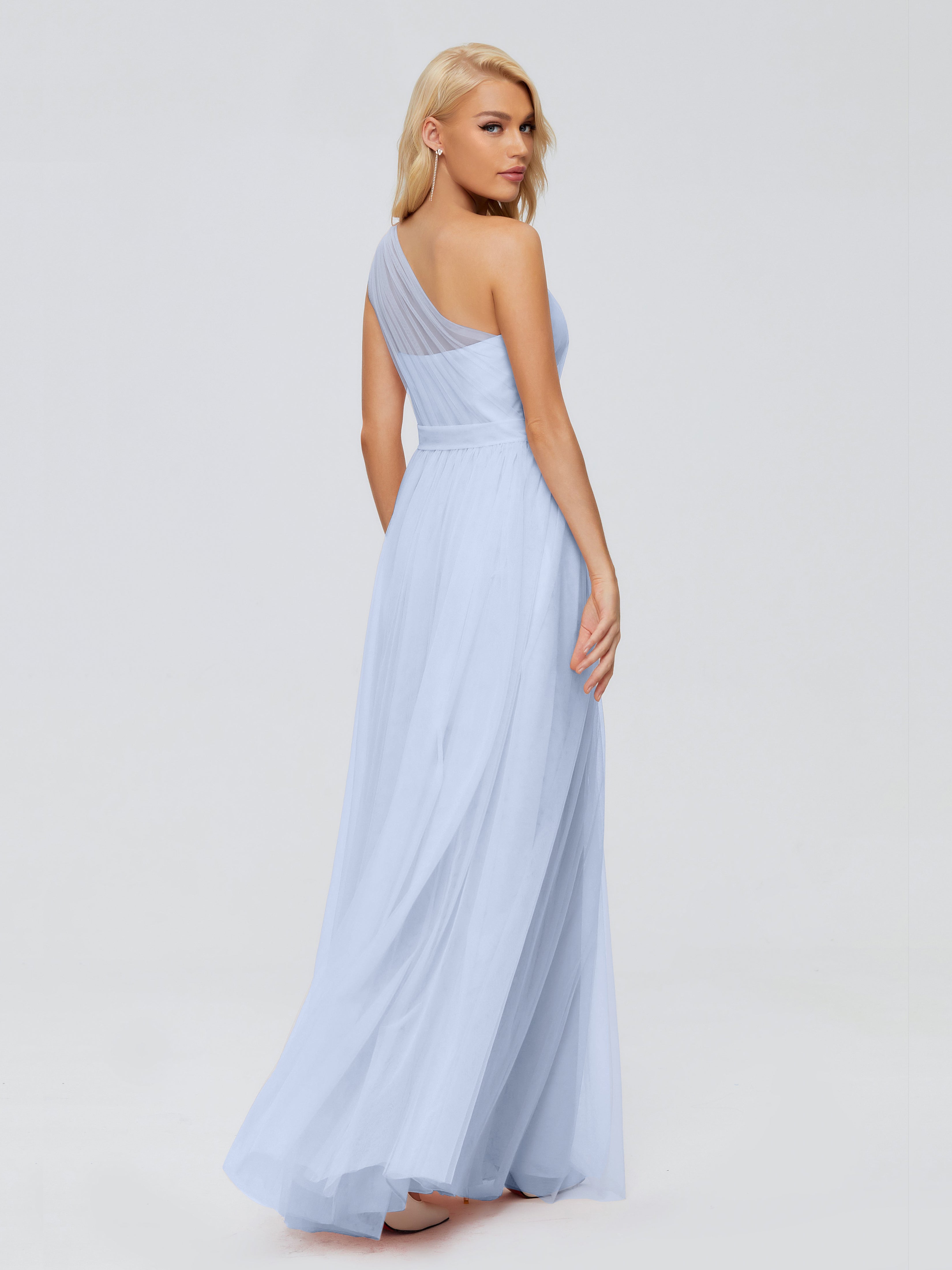 Robes De Demoiselle D'Honneur Bleu Ciel Trapèze Seule-Épaule Ruban Mousseline Robes Demoiselle D'Honneur
