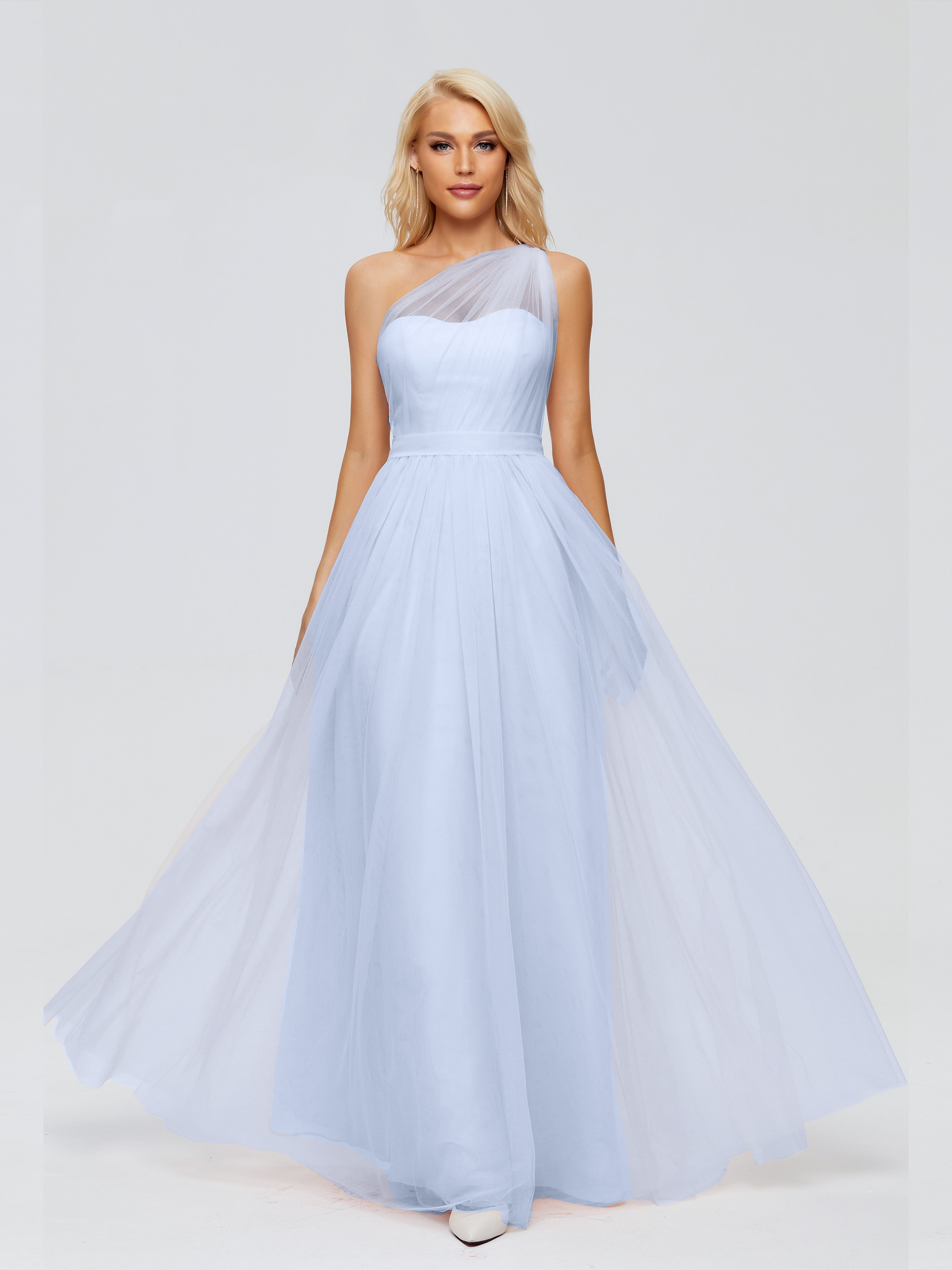 Robes De Demoiselle D'Honneur Bleu Ciel Trapèze Seule-Épaule Ruban Mousseline Robes Demoiselle D'Honneur