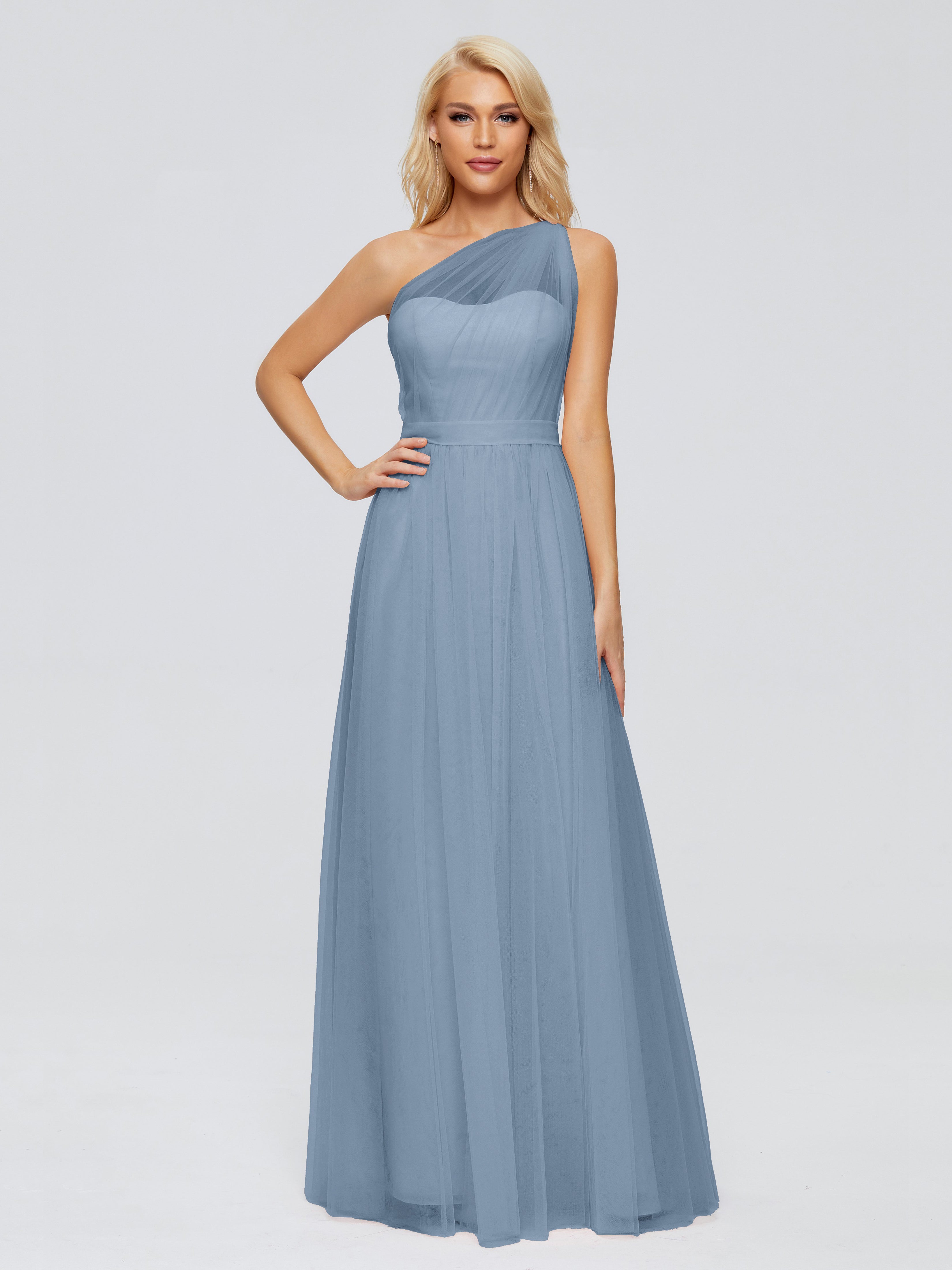 Robes De Demoiselle D'Honneur Bleu De Schiste A-ligne Seule-Épaule Ruban Mousseline Robes Demoiselle D'Honneur