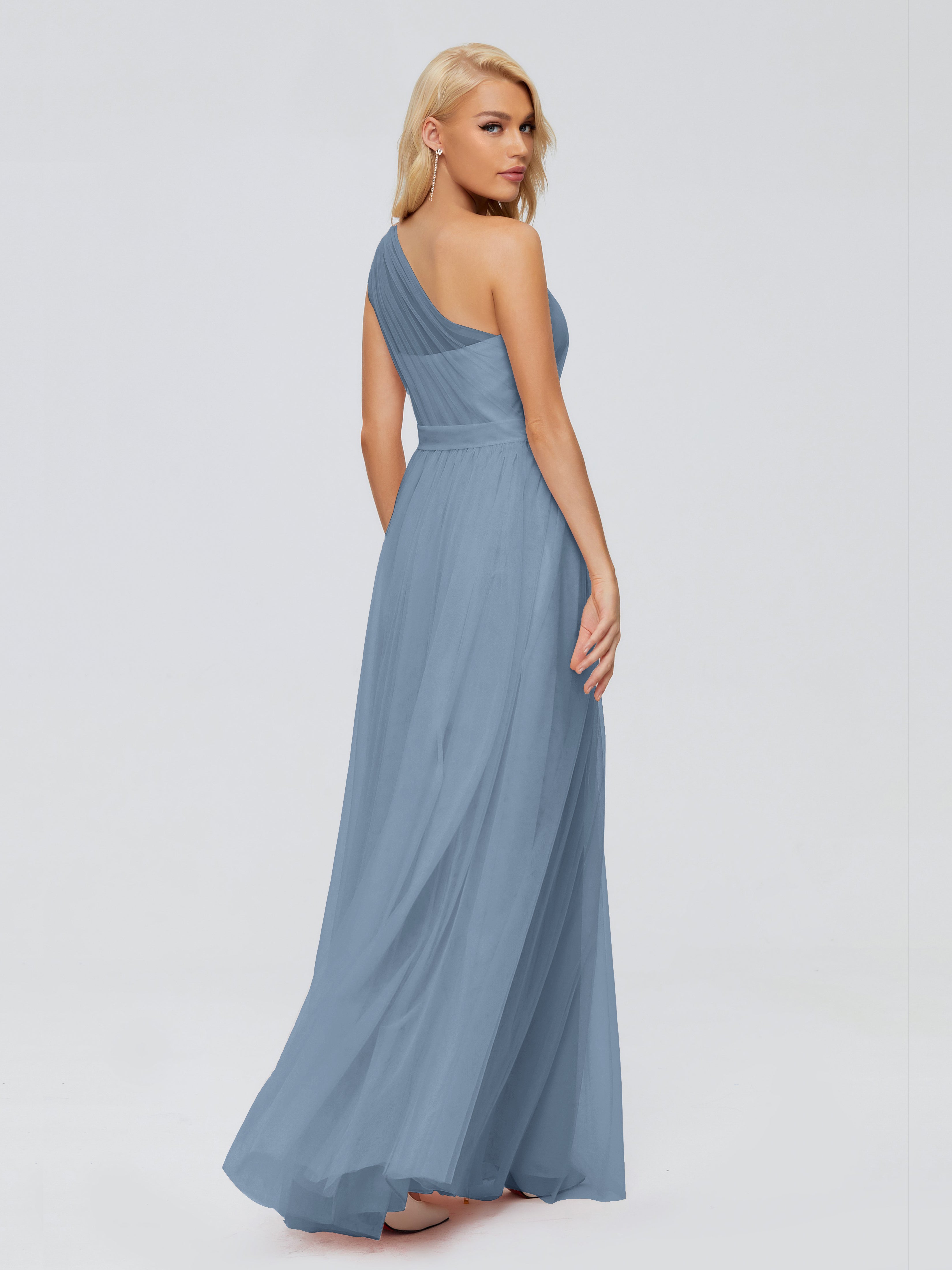 Robes De Demoiselle D'Honneur Bleu De Schiste A-ligne Seule-Épaule Ruban Mousseline Robes Demoiselle D'Honneur