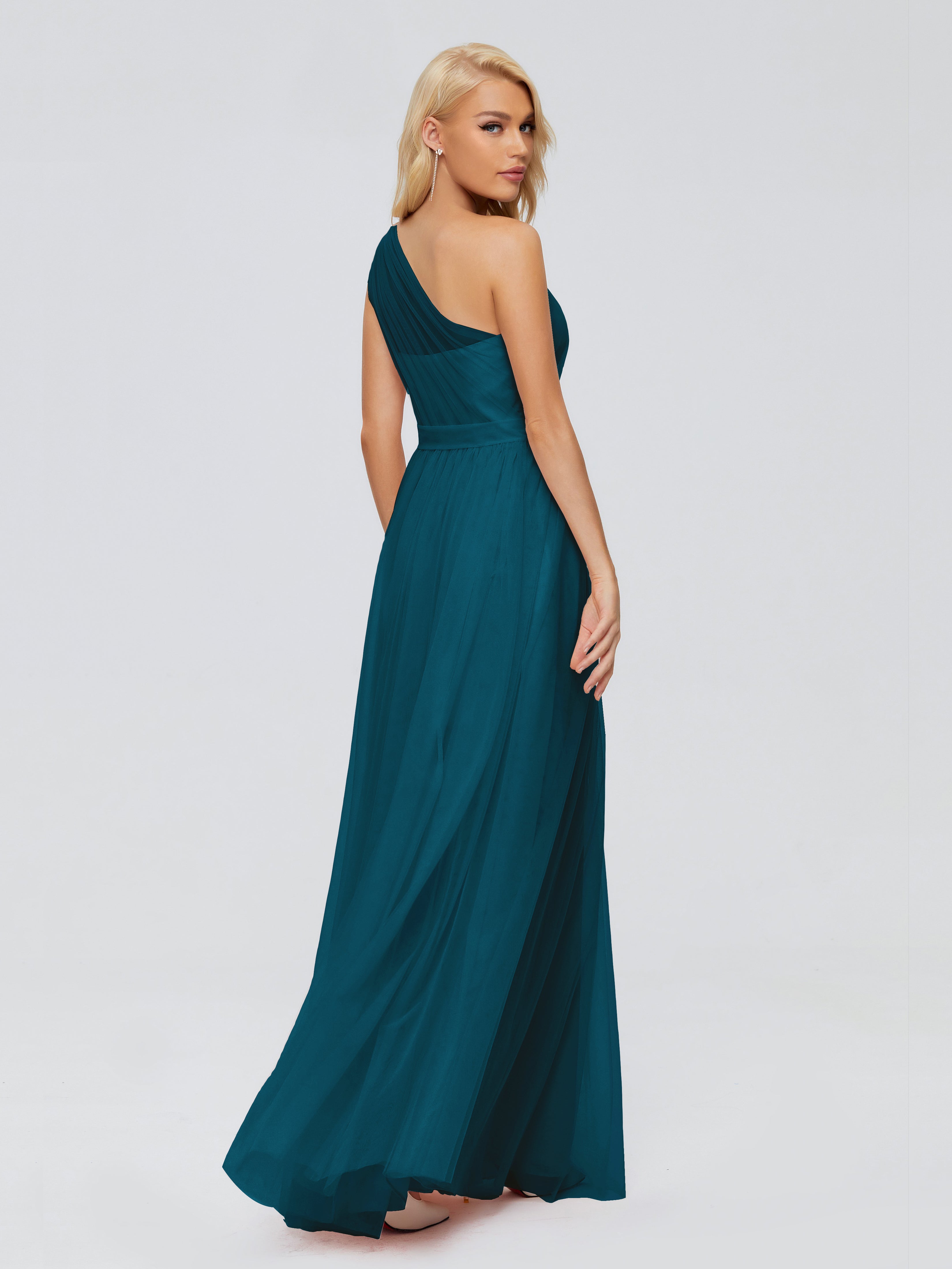 Robe De Demoiselle D'Honneur Bleu Encre A-ligne Seule-Épaule Ruban Mousseline Robes Demoiselle D'Honneur