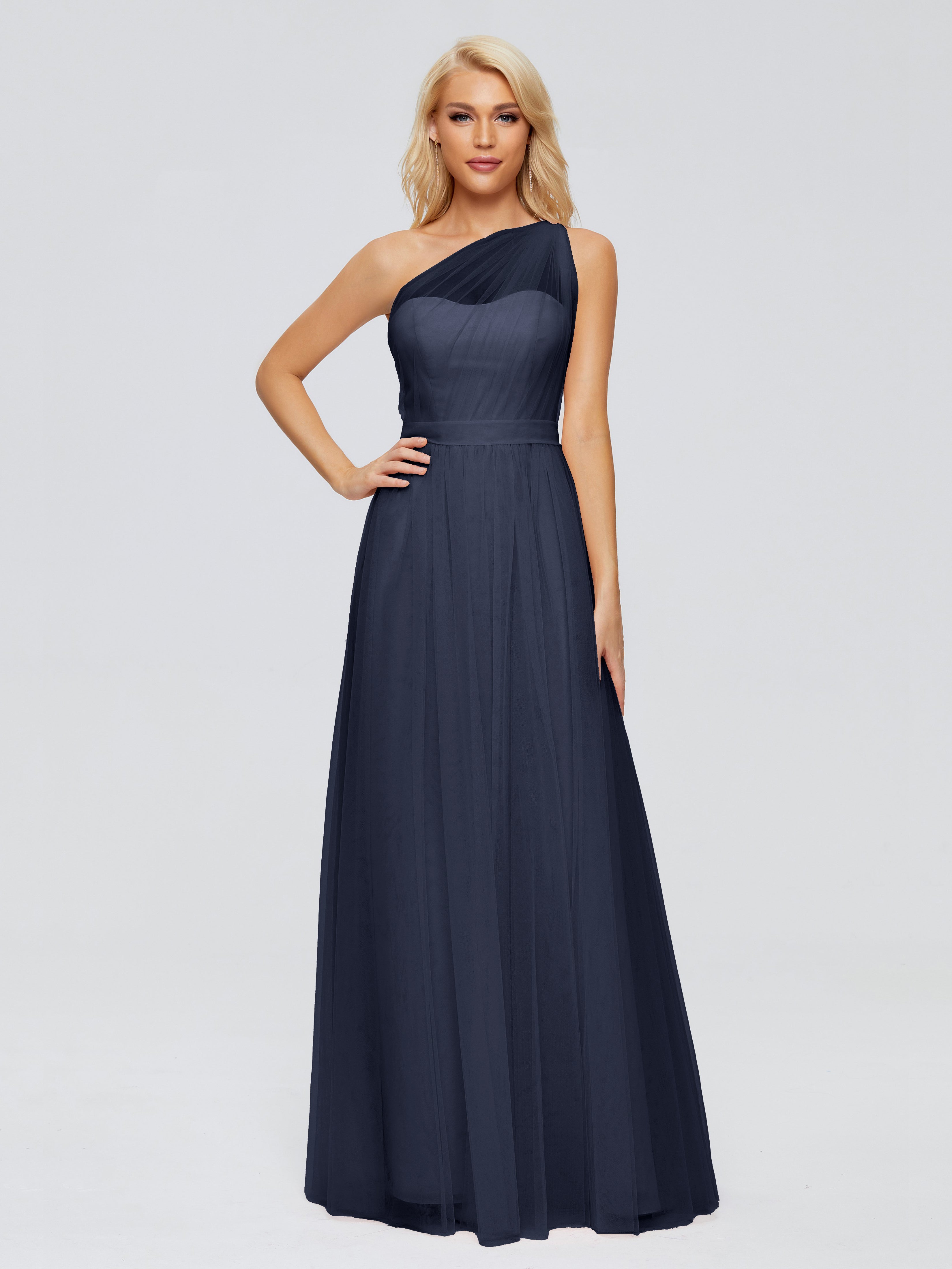 Demoiselle D Honneur Bleu Marine Trapèze Seule-Épaule Ruban Mousseline Robes Demoiselle D'Honneur
