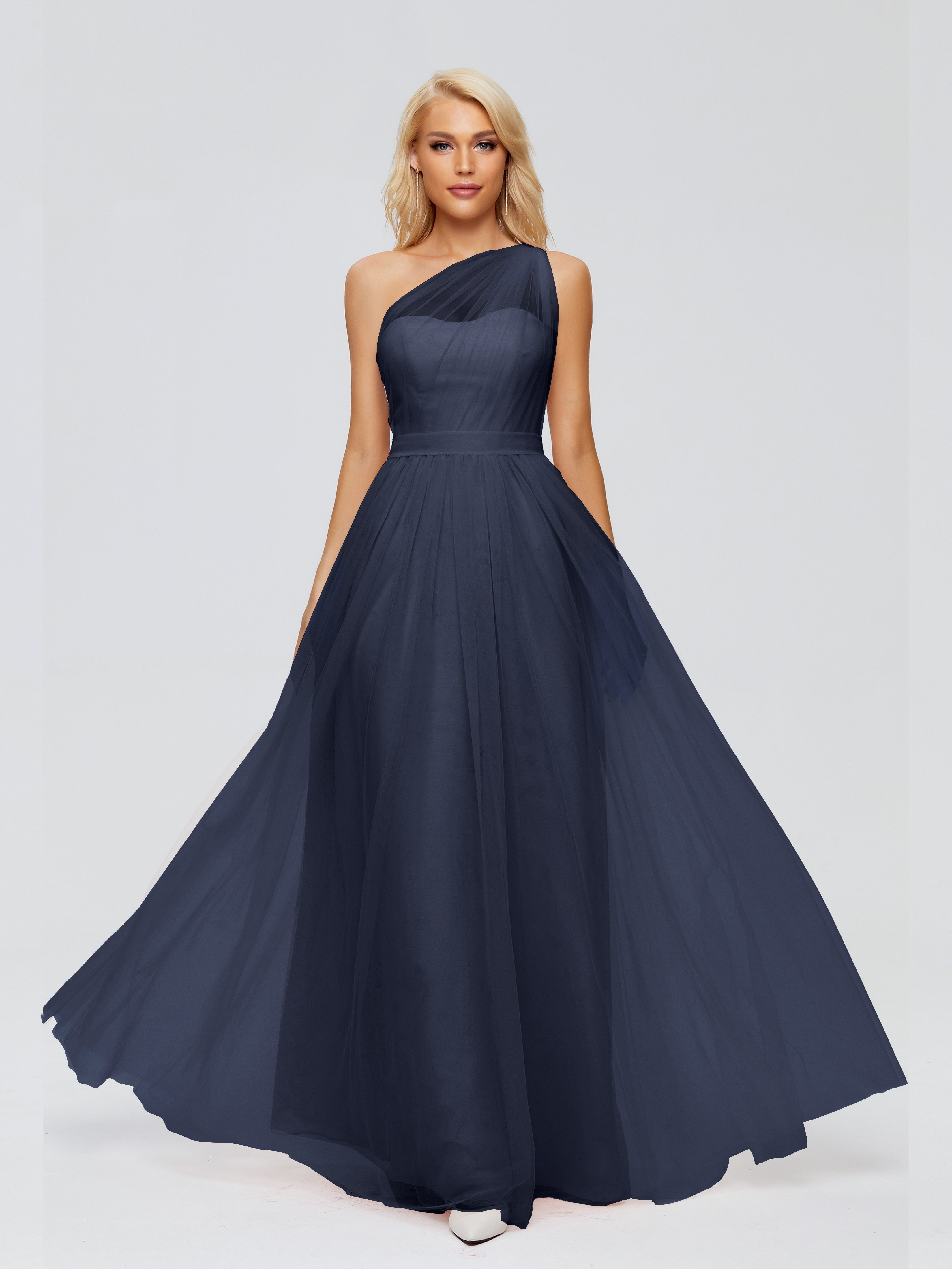 Demoiselle D Honneur Bleu Marine Trapèze Seule-Épaule Ruban Mousseline Robes Demoiselle D'Honneur