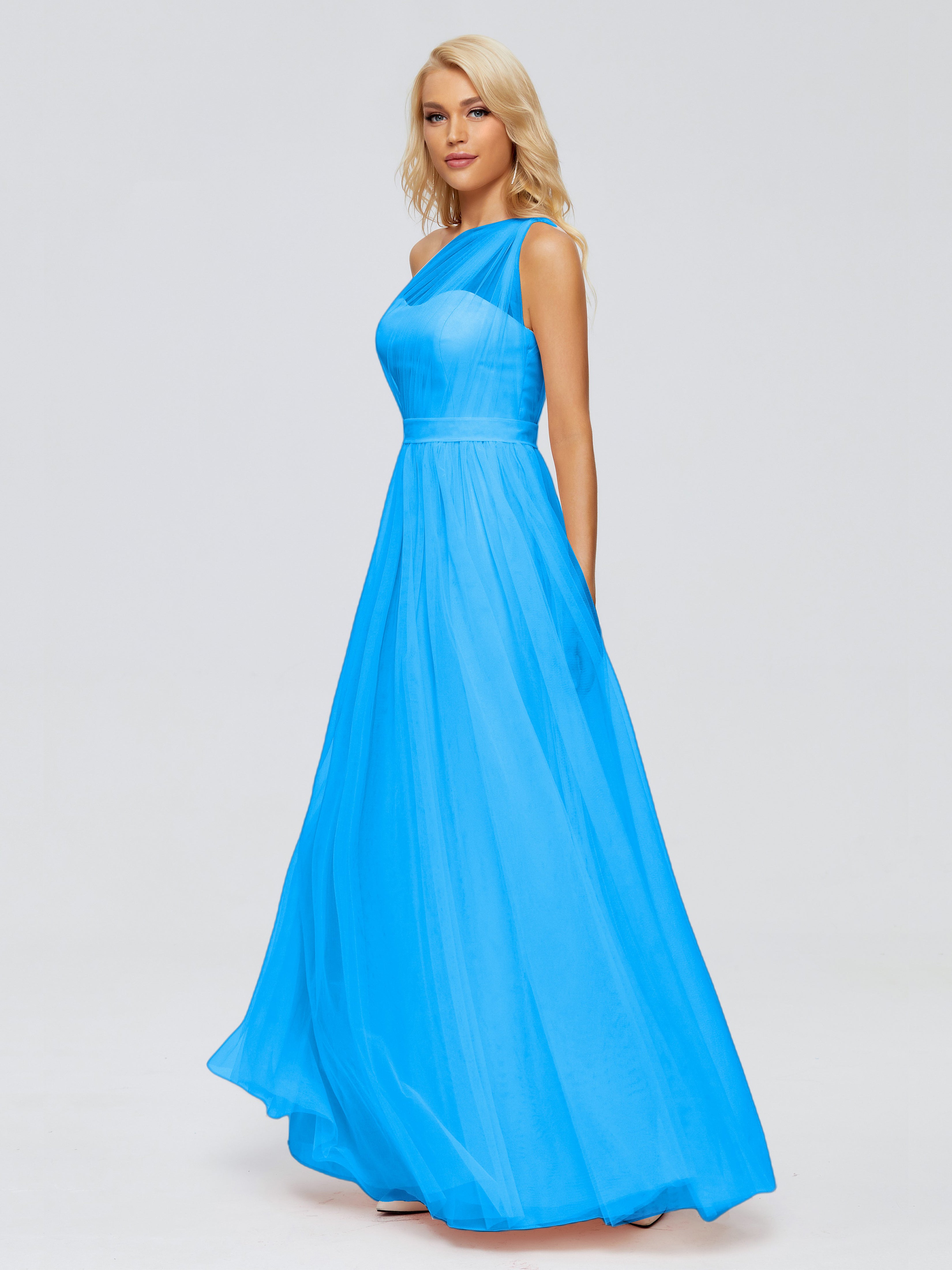 Robes De Demoiselle D'Honneur Bleu Océan A-ligne Seule-Épaule Ruban Mousseline Robes Demoiselle D'Honneur
