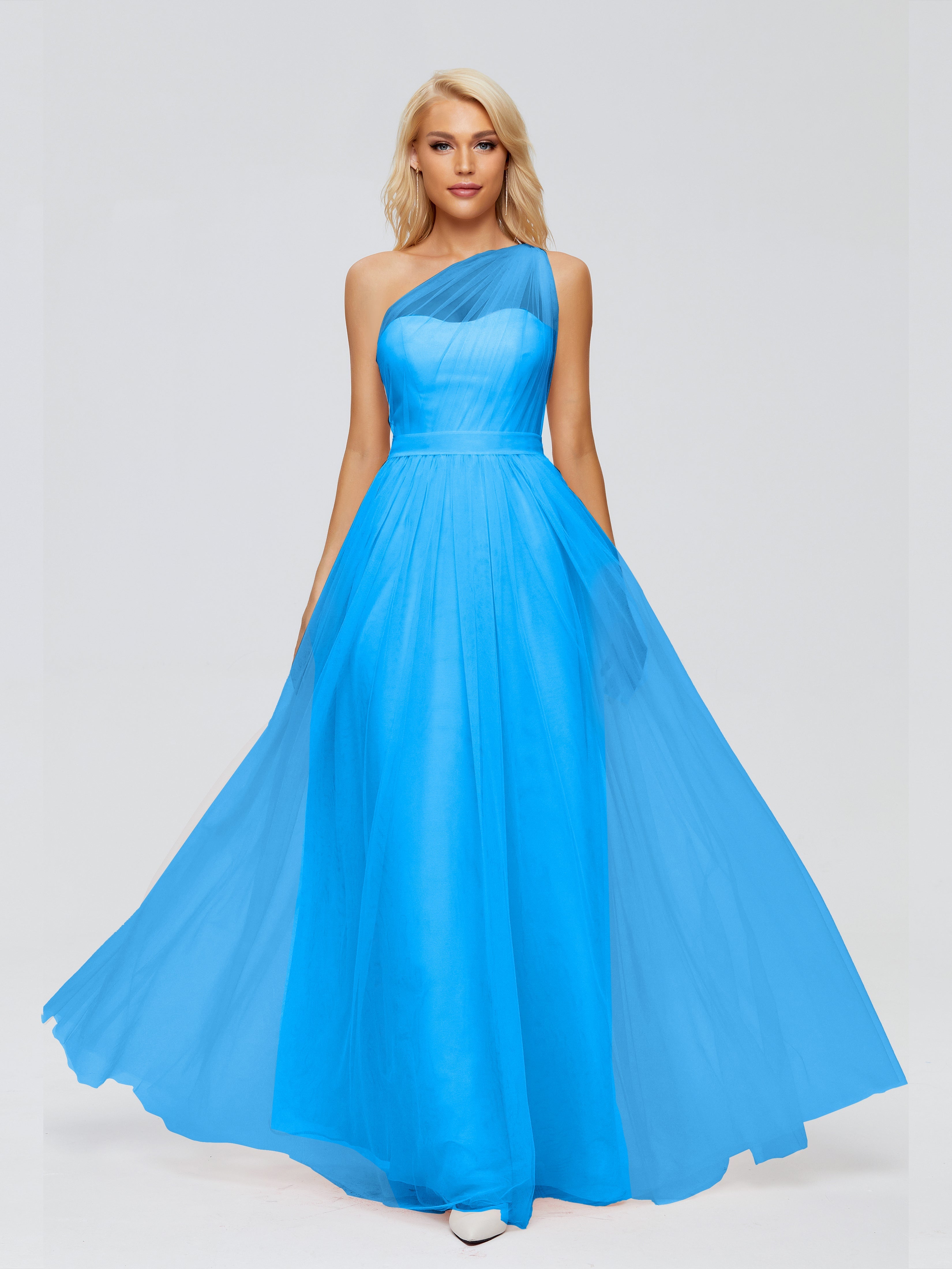 Robes De Demoiselle D'Honneur Bleu Océan A-ligne Seule-Épaule Ruban Mousseline Robes Demoiselle D'Honneur