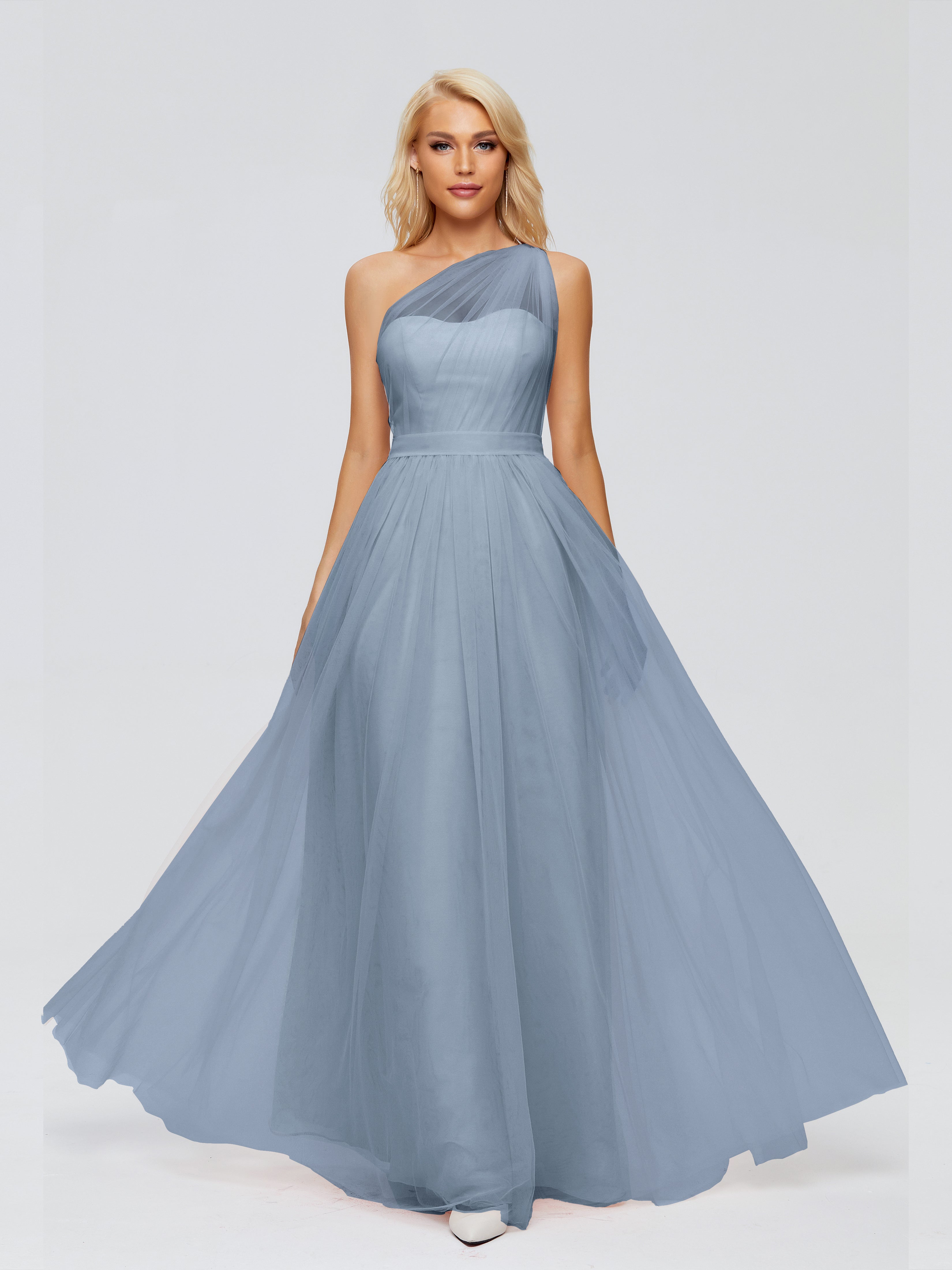 Robes De Demoiselle D'Honneur Bleu Poudre A-ligne Seule-Épaule Ruban Mousseline Robes Demoiselle D'Honneur